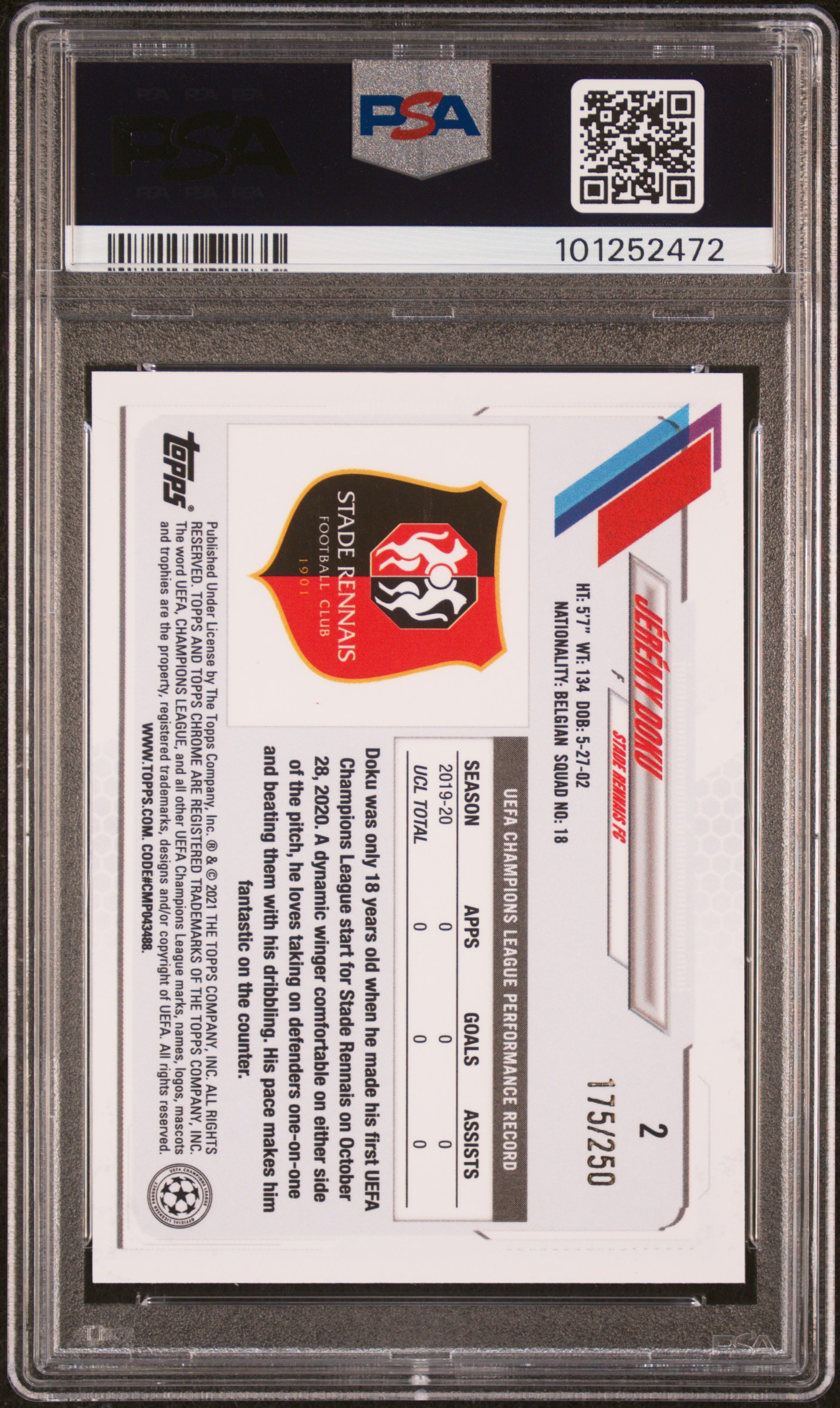 2020 Topps Chrome Uefa Champions League Jeremy Doku #2 (Purple Refractor) Mint 9 back