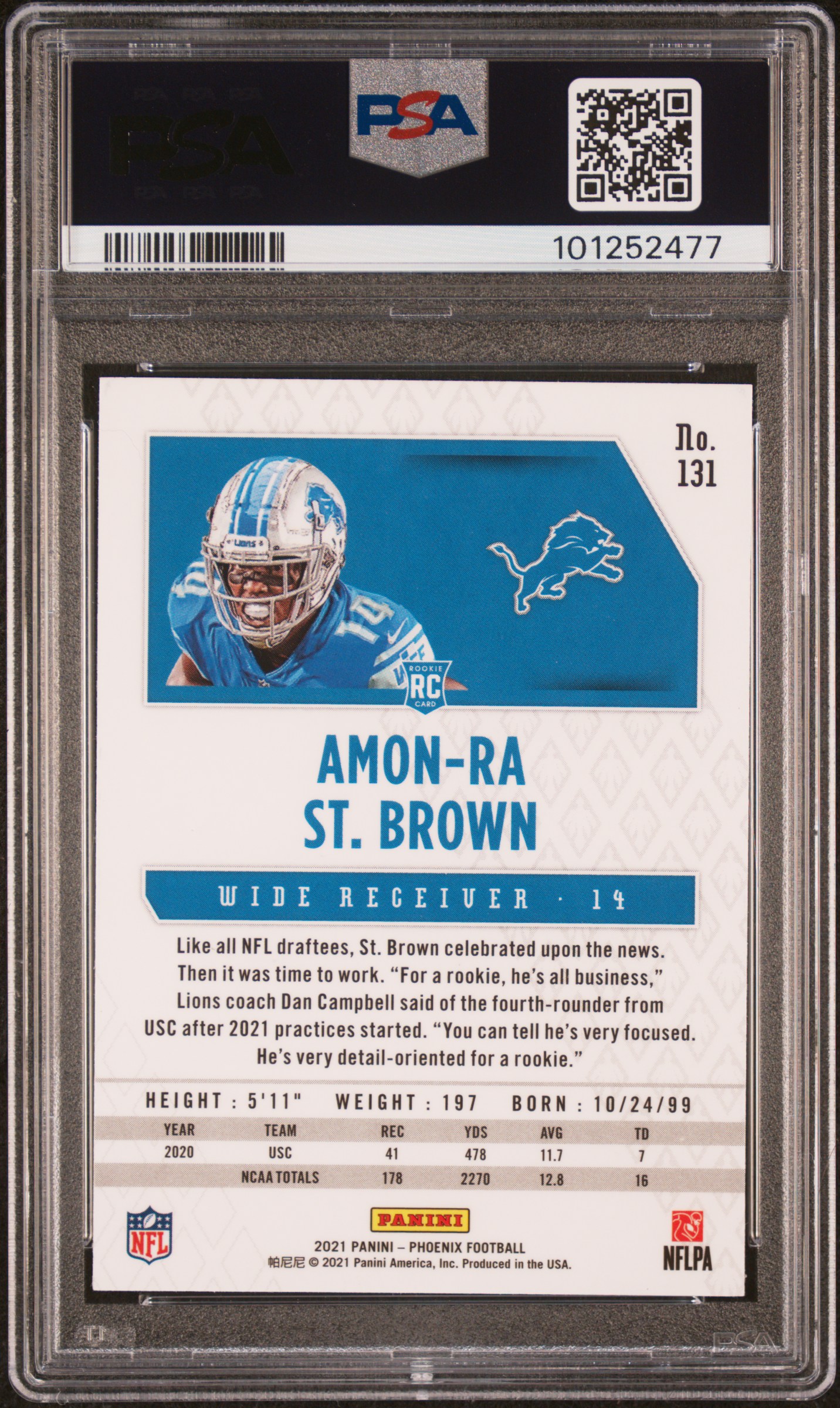2021 Panini Phoenix Amon-Ra St. Brown #131 (Fire Burst) Gem Mt 10 back