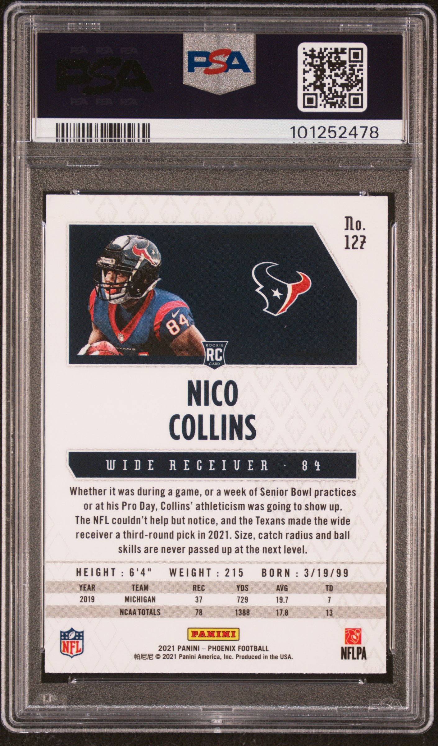 2021 Panini Phoenix Nico Collins #127 (Fire Burst) Mint 9 back