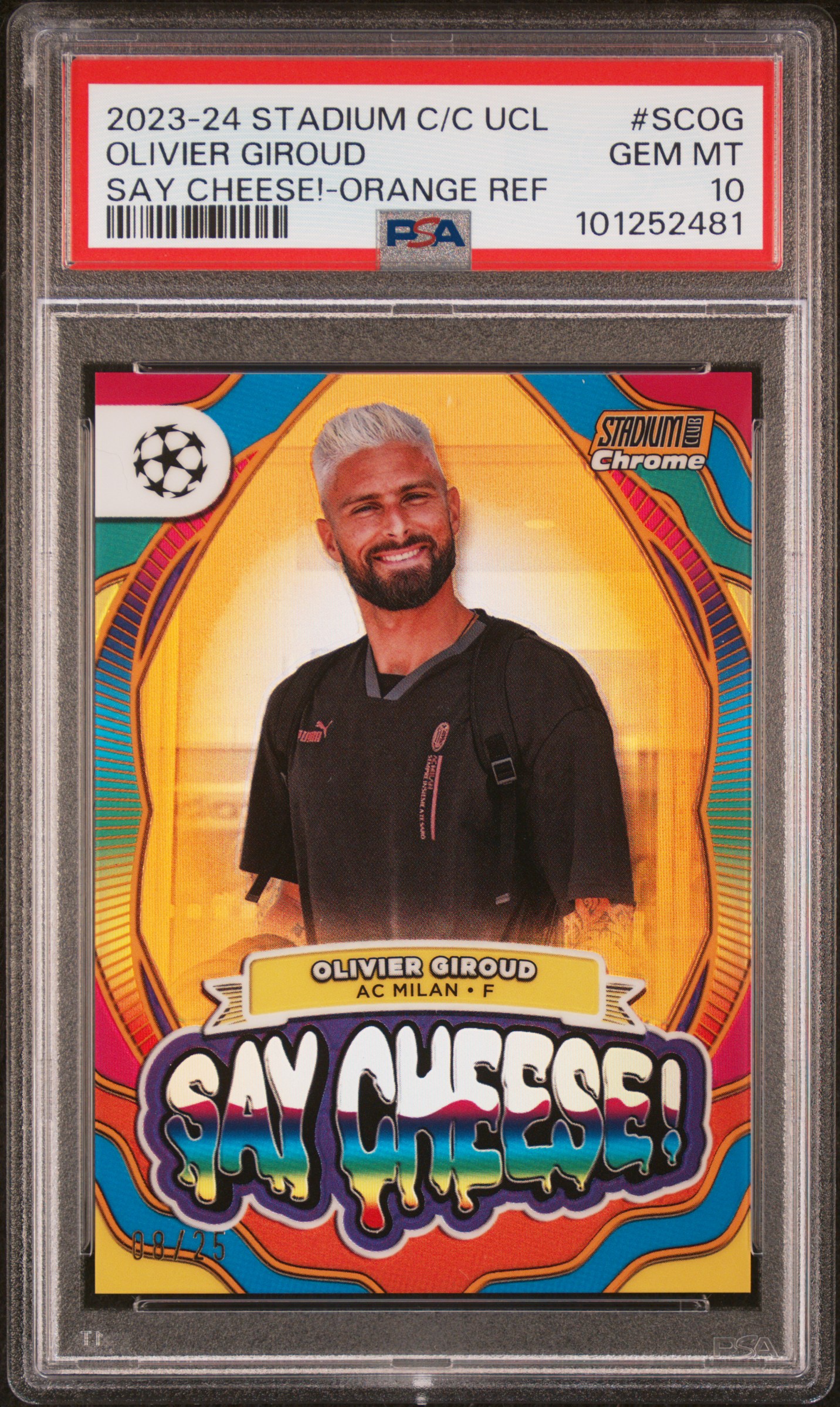2023-24 Topps Stadium Club Chrome Uefa Club Competitions Say Cheese! Olivier Giroud #Scog (Say Cheese!-Orange Ref) Gem Mt 10 front