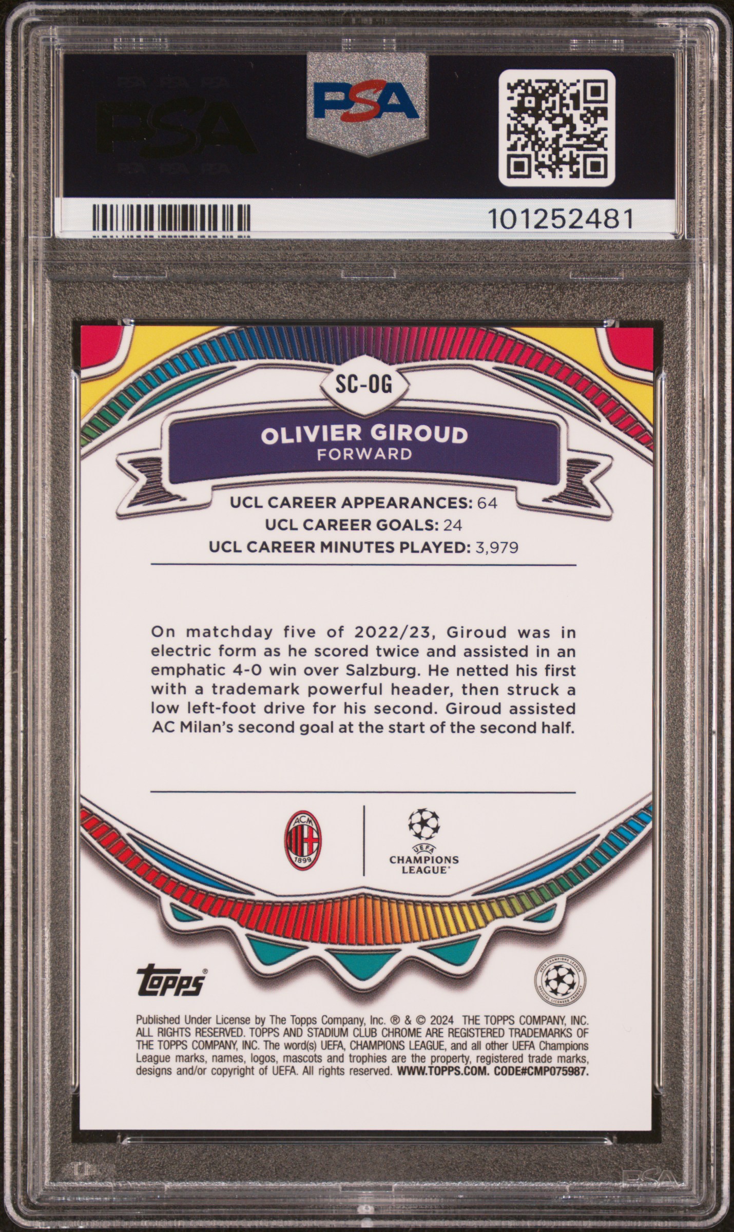 2023-24 Topps Stadium Club Chrome Uefa Club Competitions Say Cheese! Olivier Giroud #Scog (Say Cheese!-Orange Ref) Gem Mt 10 back