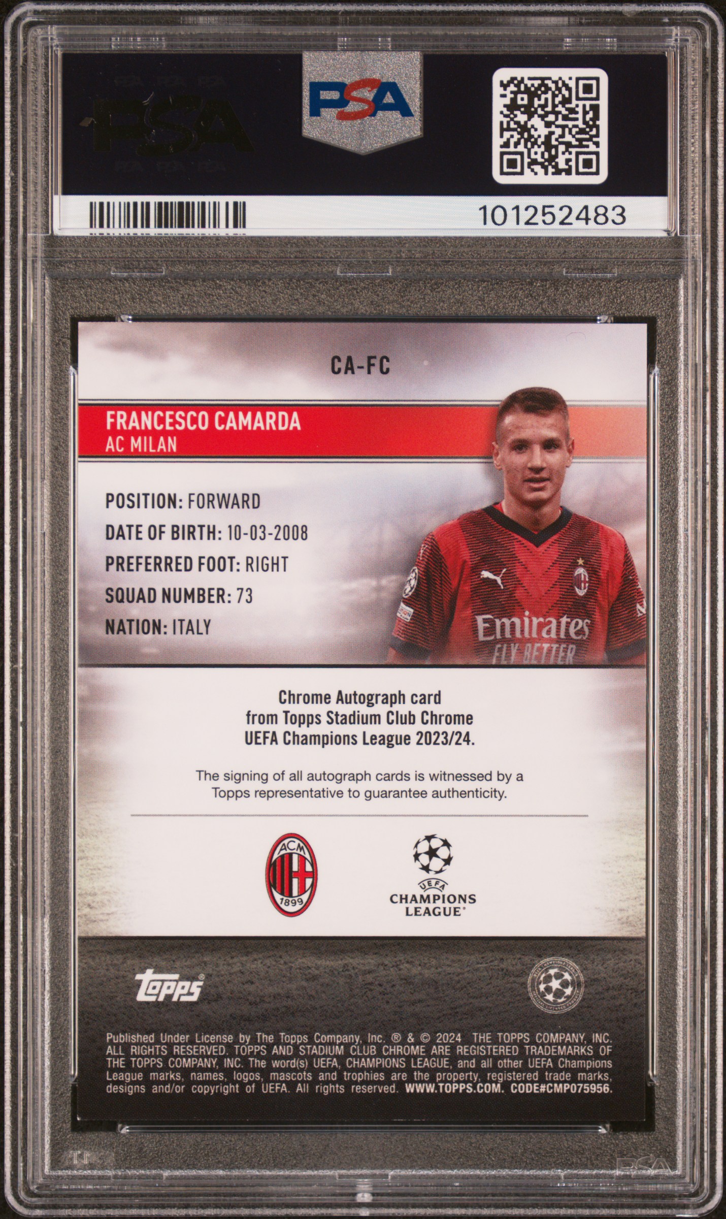 2023-24 Topps Stadium Club Chrome Uefa Club Competitions Chrome Autographs Francesco Camarda #Cafc Mint 9 back