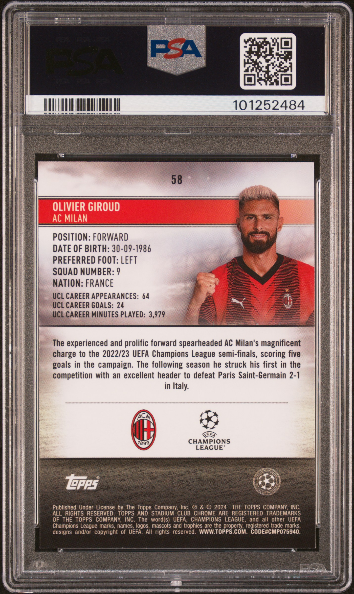 2023-24 Topps Stadium Club Chrome Uefa Club Competitions Olivier Giroud #58 (Orange Wave) Gem Mt 10 back