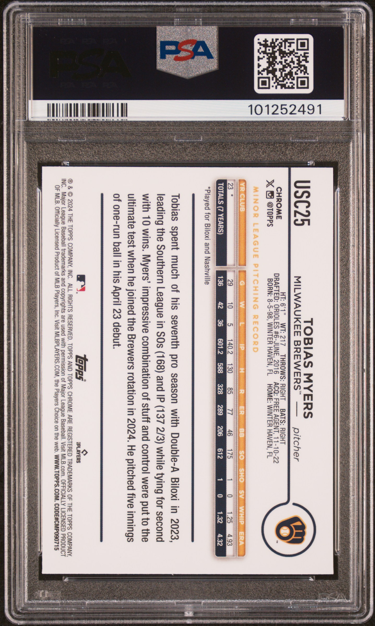 2024 Topps Chrome Update Tobias Myers #Usc25 (Magenta/Purple Lava Lamp) Gem Mt 10 back