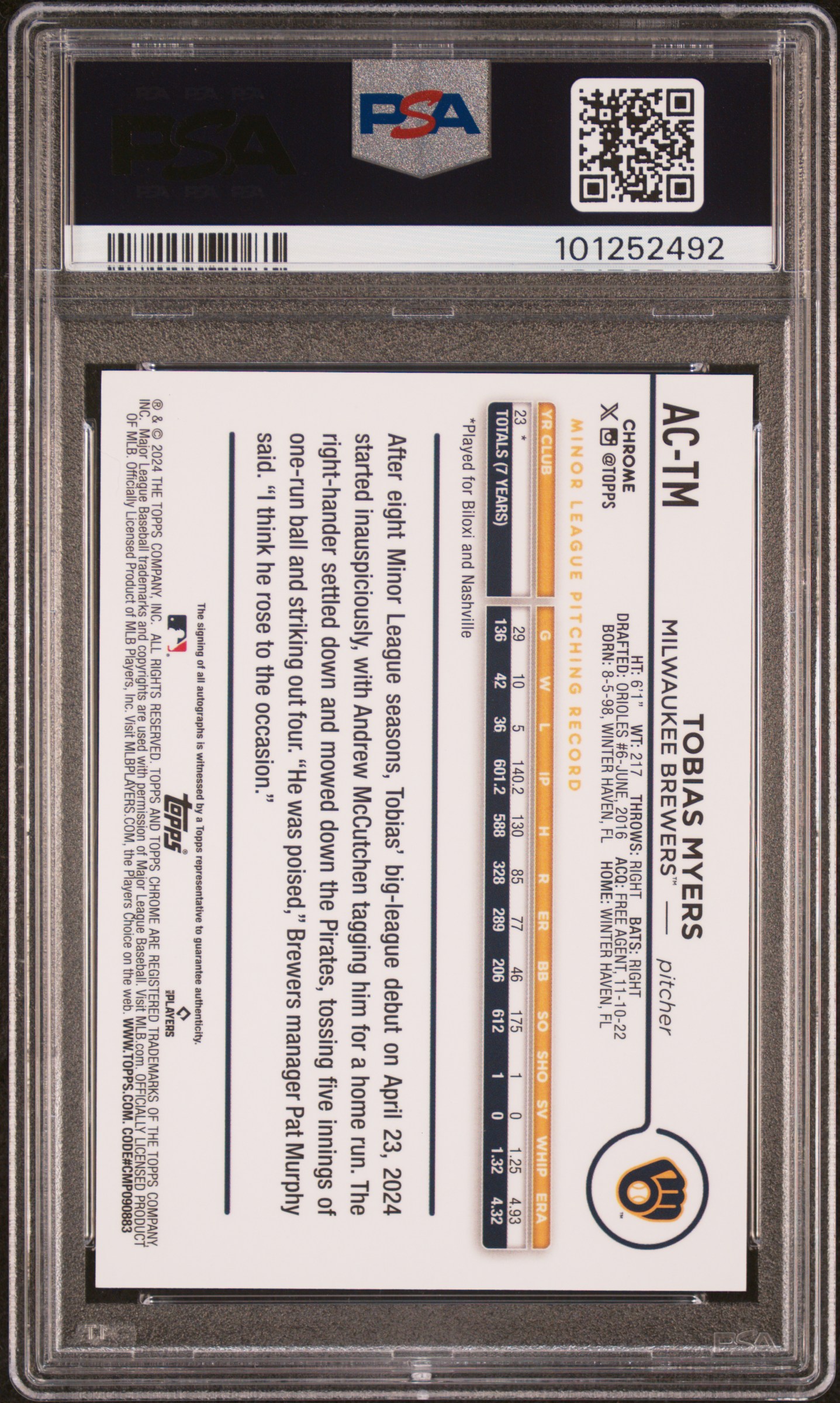 2024 Topps Chrome Update Chrome Baseball Update Series Autographs Tobias Myers #Actm (Autograph-Gold Wave) Mint 9 back