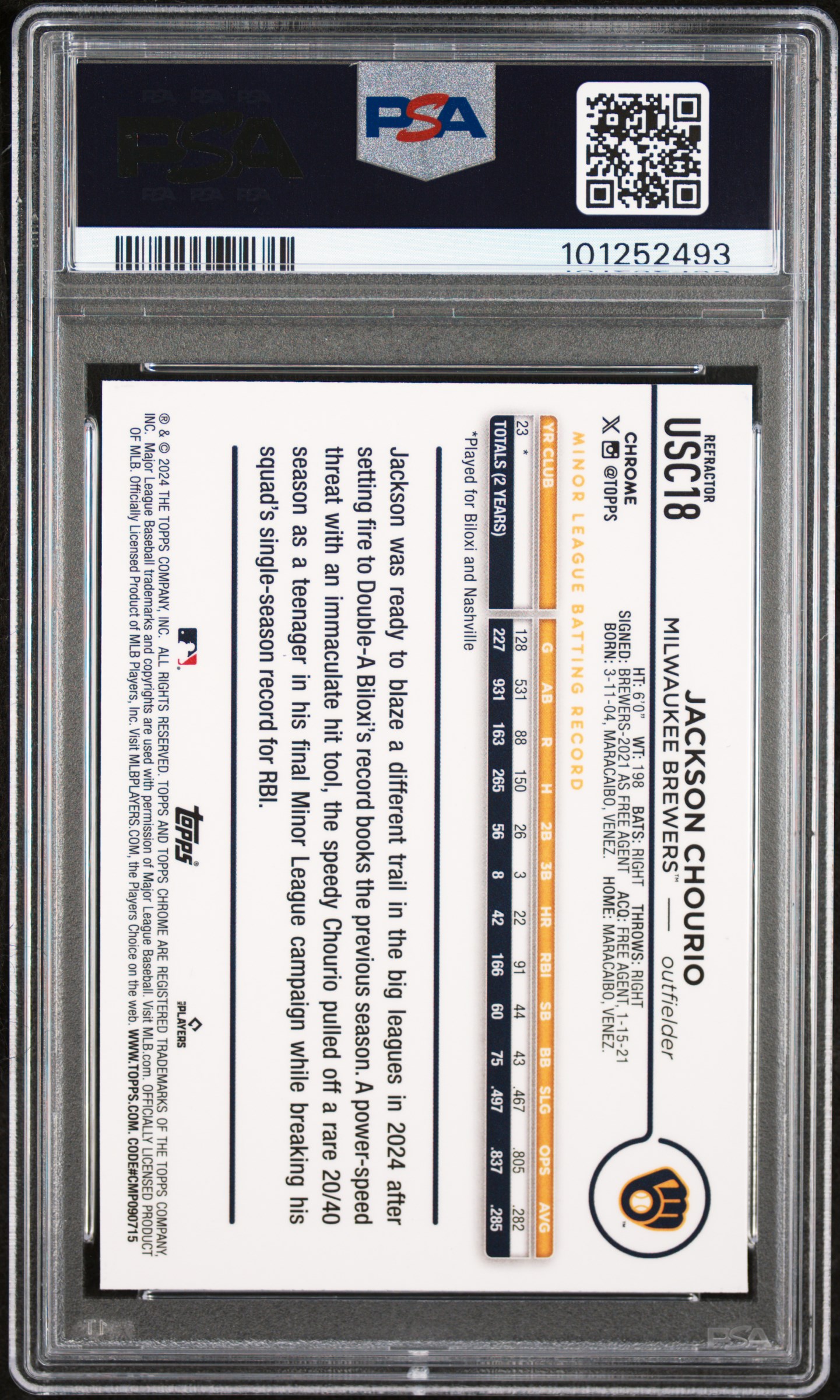 2024 Topps Chrome Update Jackson Chourio #Usc18 (Refractor) Mint 9 back