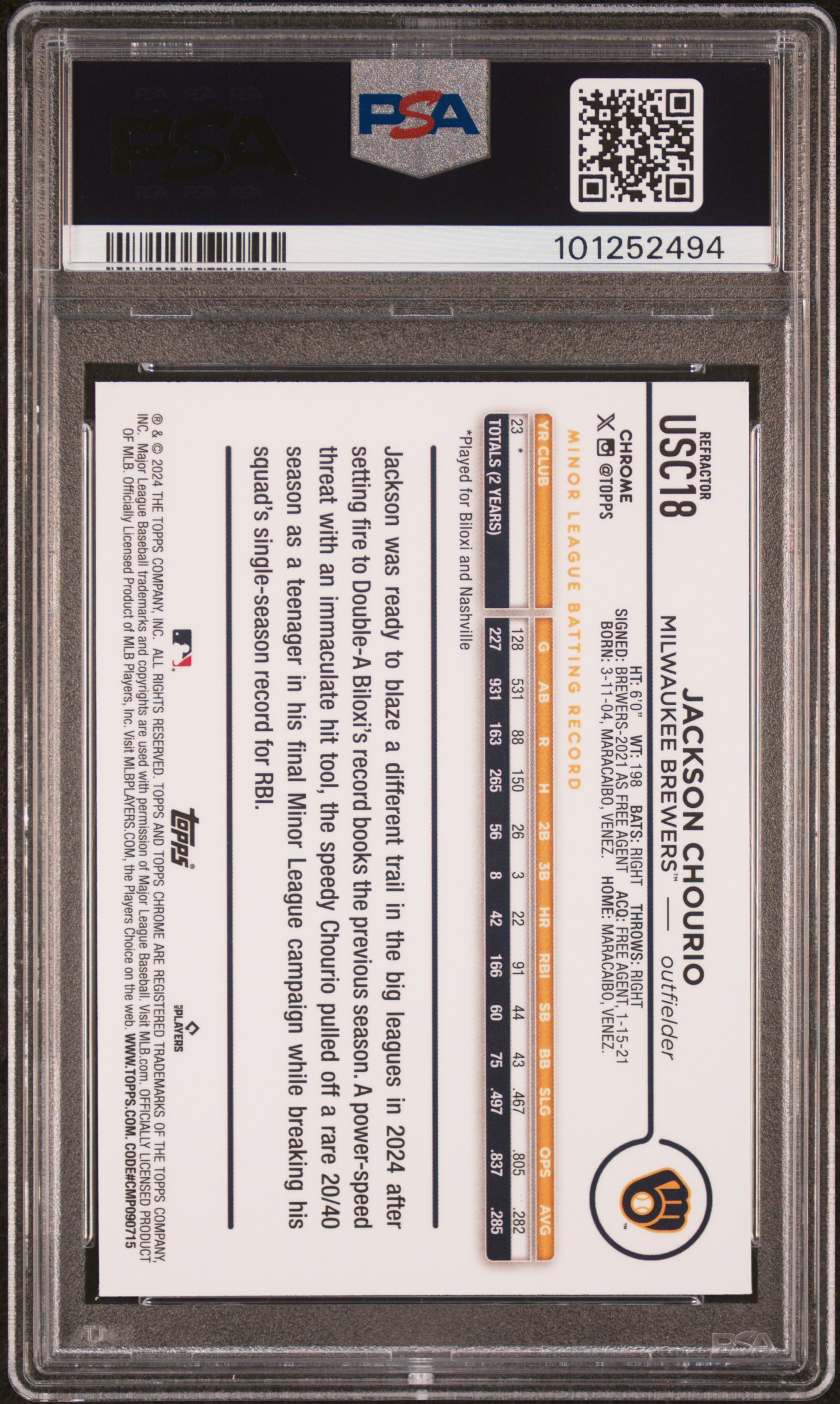 2024 Topps Chrome Update Jackson Chourio #Usc18 (Refractor) Gem Mt 10 back