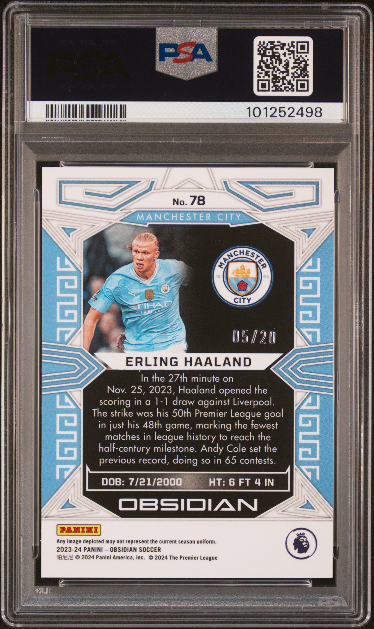 2023 Panini Obsidian Erling Haaland #78 (Electric Etch Blue) Mint 9 back