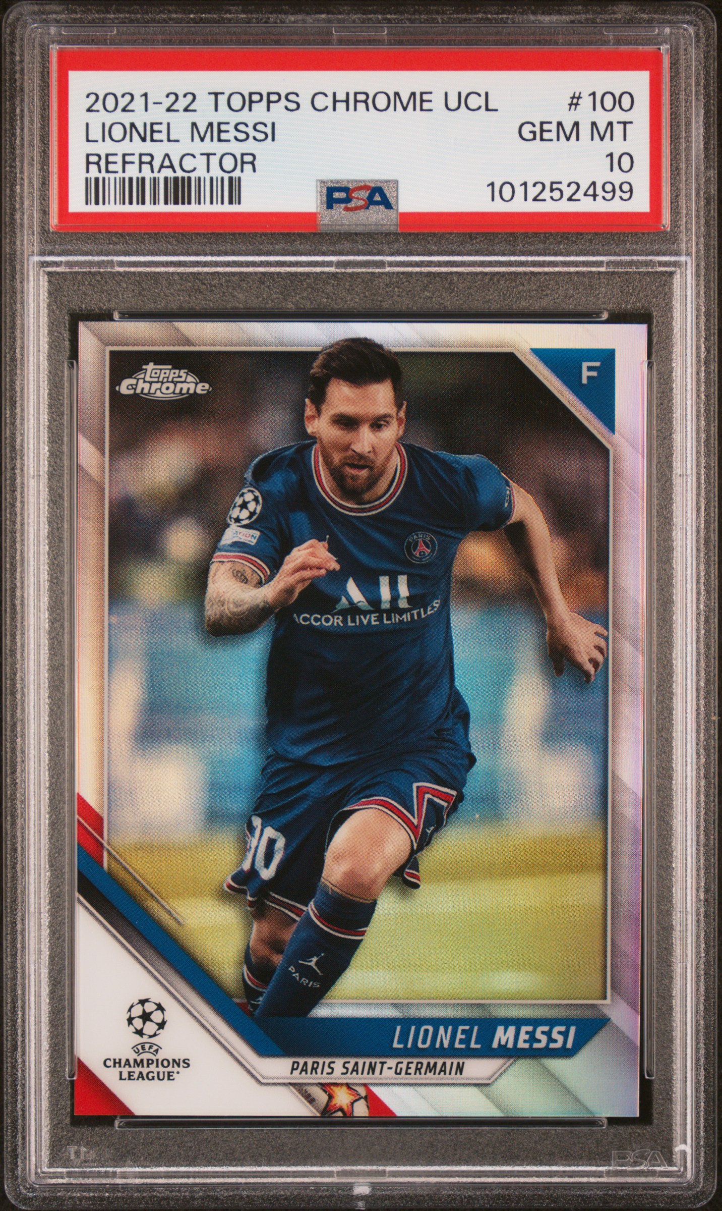 2021 Topps Chrome Uefa Champions League Lionel Messi #100 (Refractor) Gem Mt 10 front