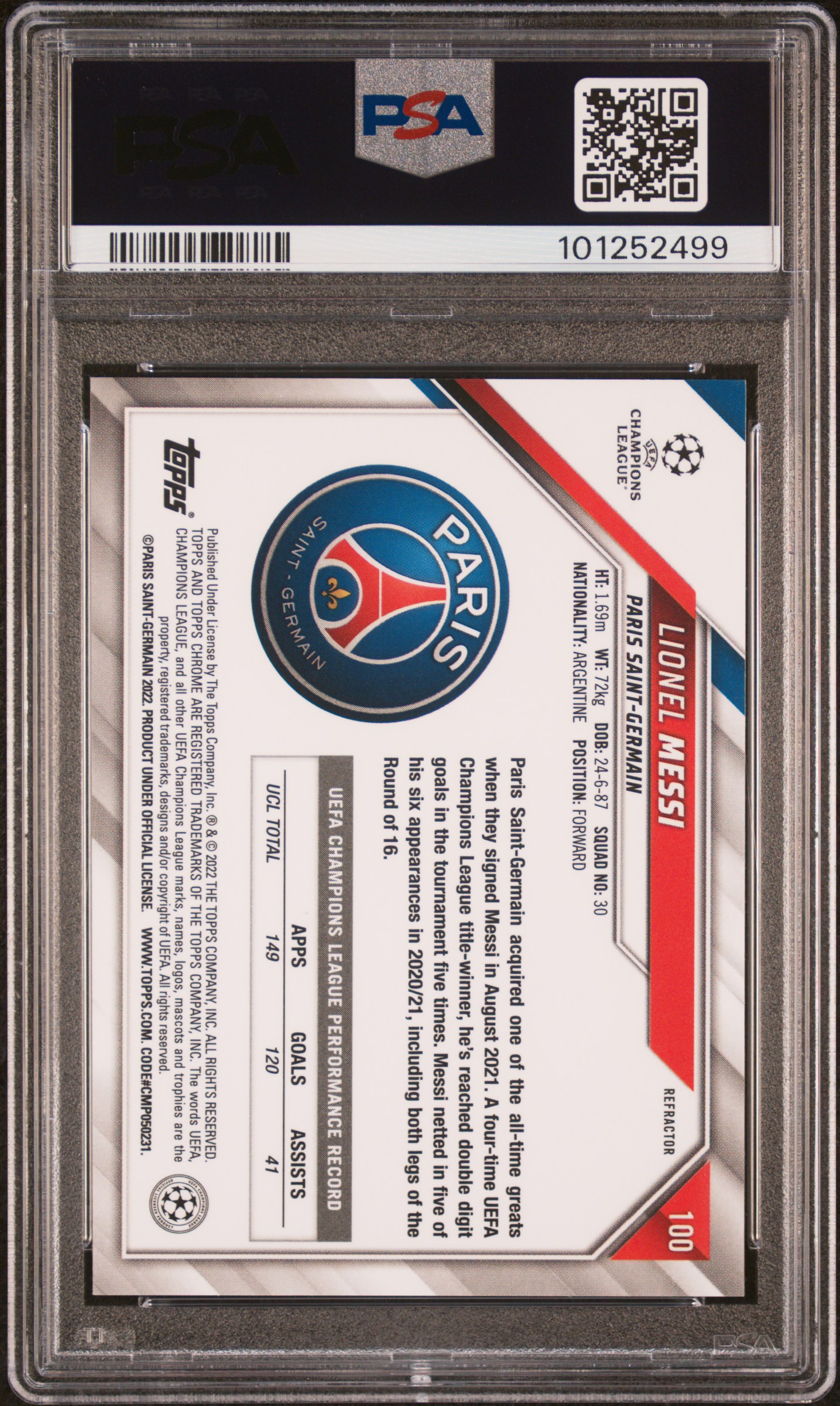 2021 Topps Chrome Uefa Champions League Lionel Messi #100 (Refractor) Gem Mt 10 back