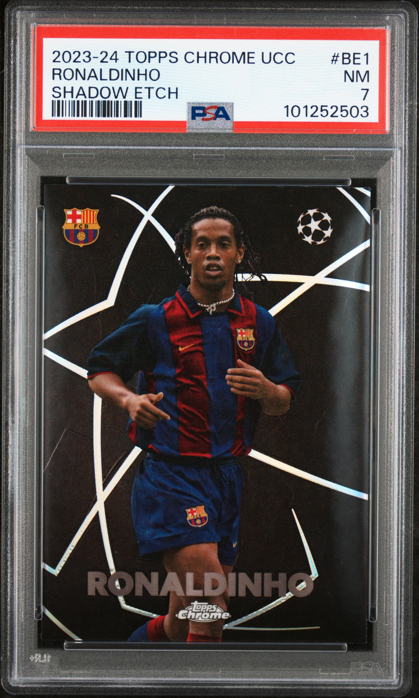 2023-24 Topps Chrome Uefa Club Competitions Shadow Etch Ronaldinho #Be1 Nm 7 front