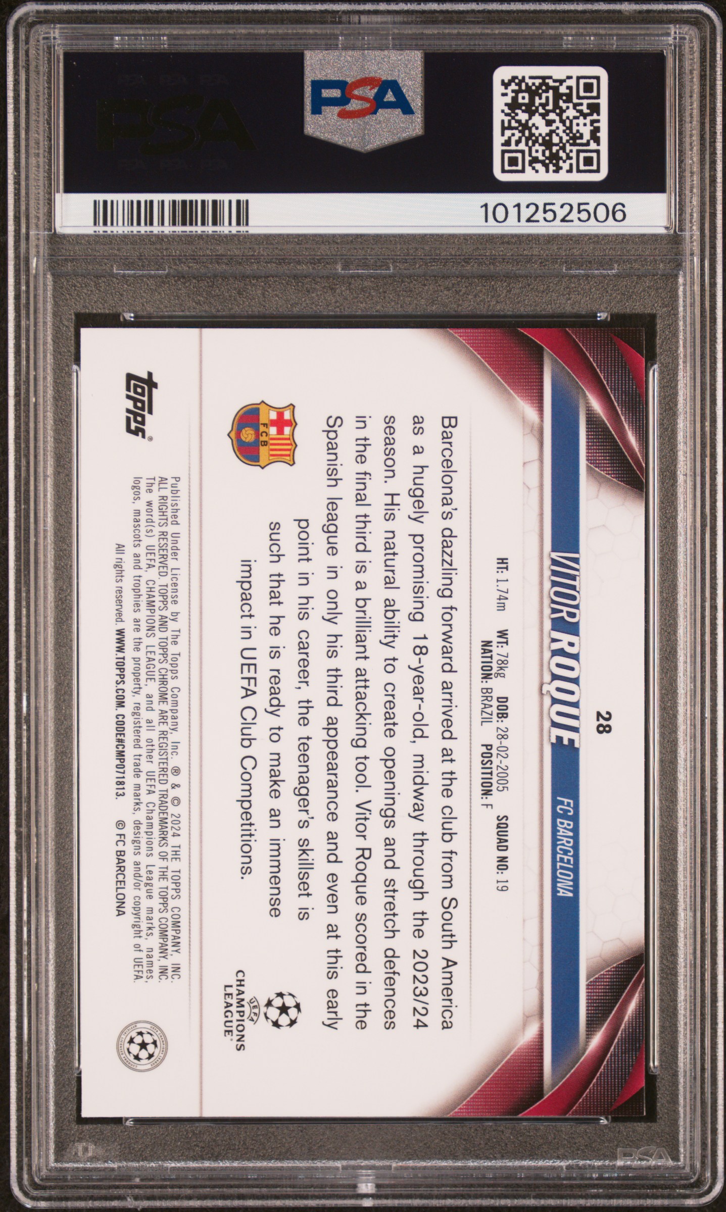 2023-24 Topps Chrome Uefa Club Competitions Vitor Roque #28 (Pink Geometric Refractor) Gem Mt 10 back