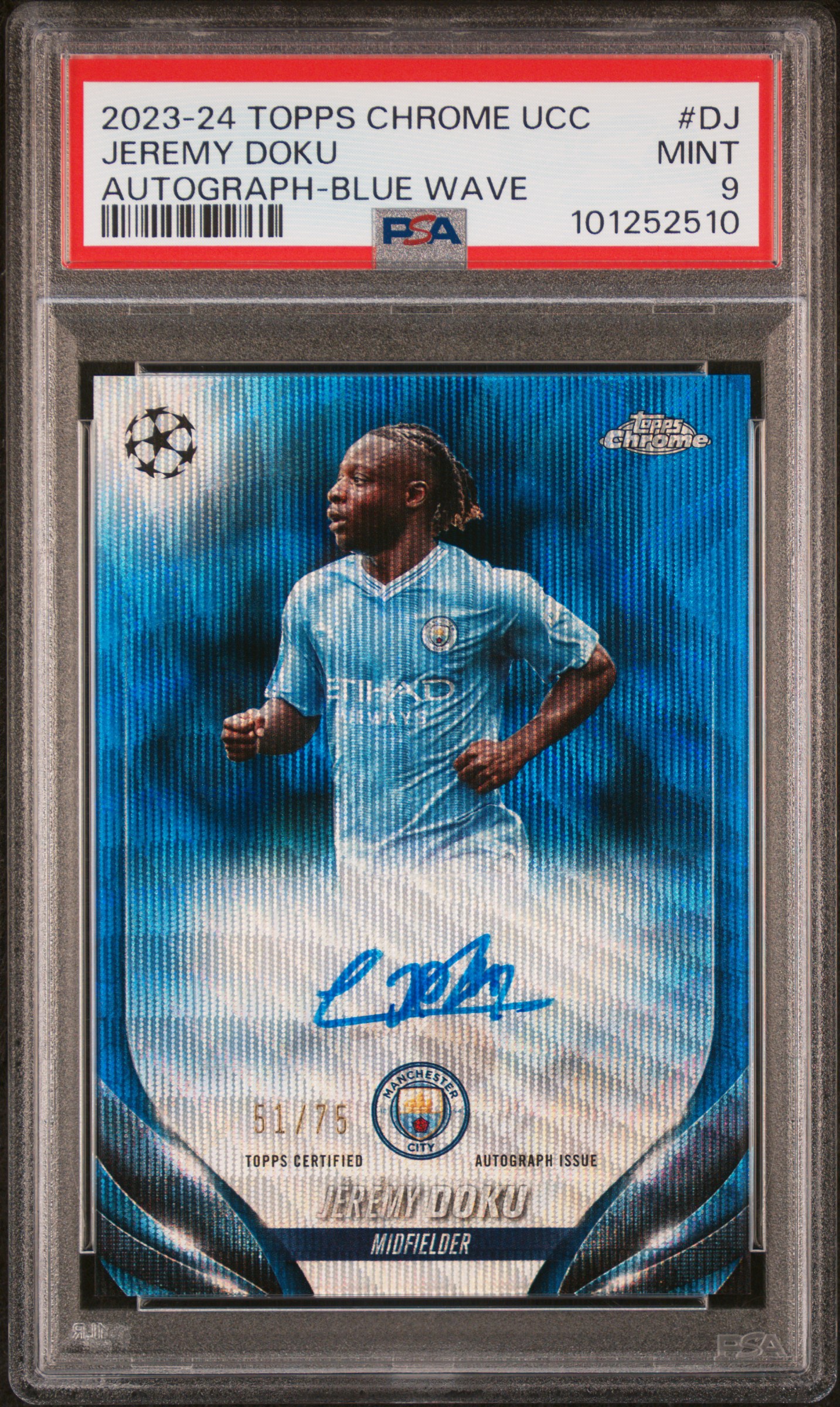 2023-24 Topps Chrome Uefa Club Competitions Chrome Autographs Jeremy Doku #Dj (Autograph-Blue Wave) Mint 9 front