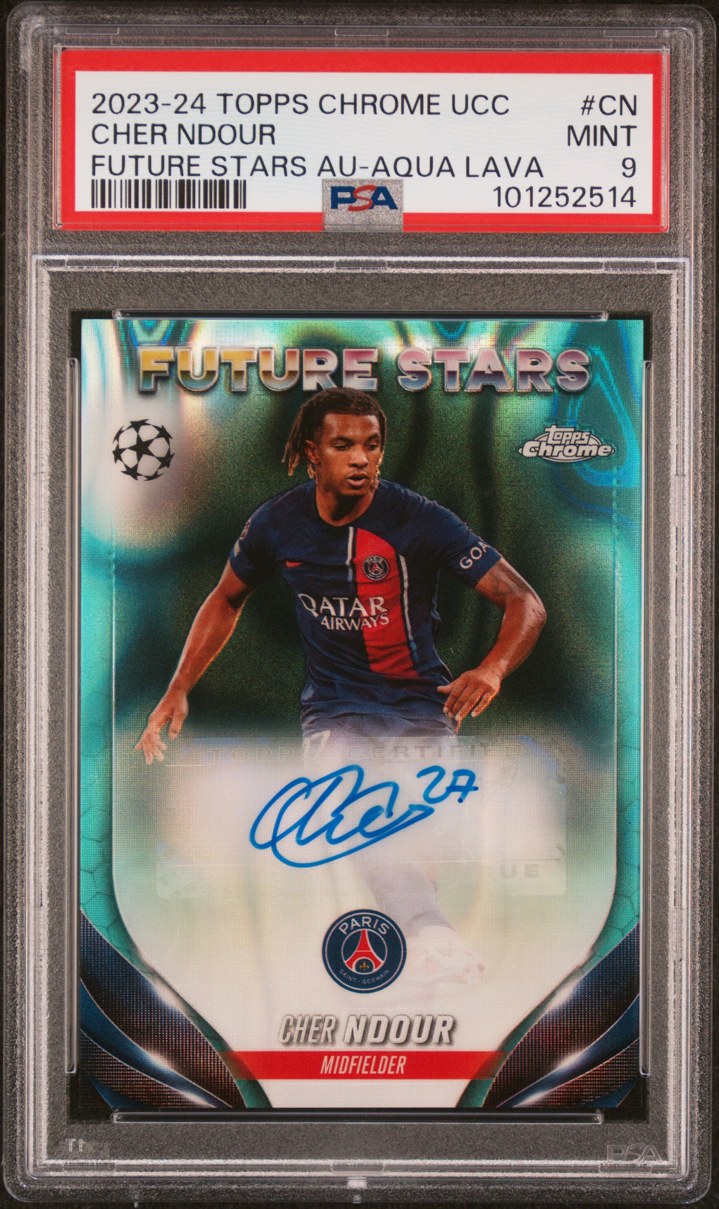 2023-24 Topps Chrome Uefa Club Competitions Future Stars Autographs Cher Ndour #Cn (Future Stars Au-Aqua Lava) Mint 9 front