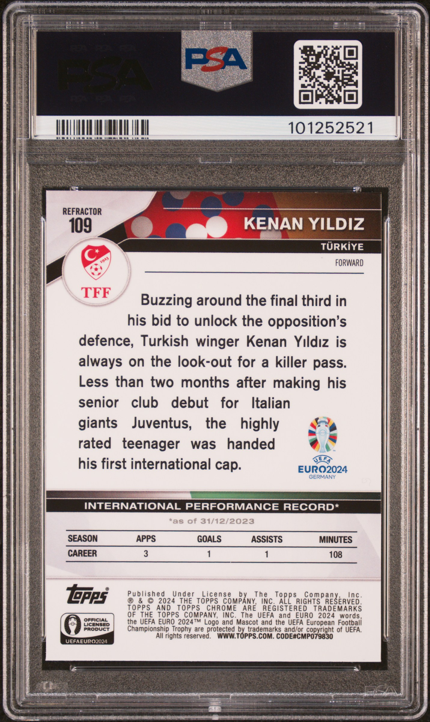 2024 Topps Chrome Uefa Euro Kenan Yildiz #109 (Refractor) Gem Mt 10 back
