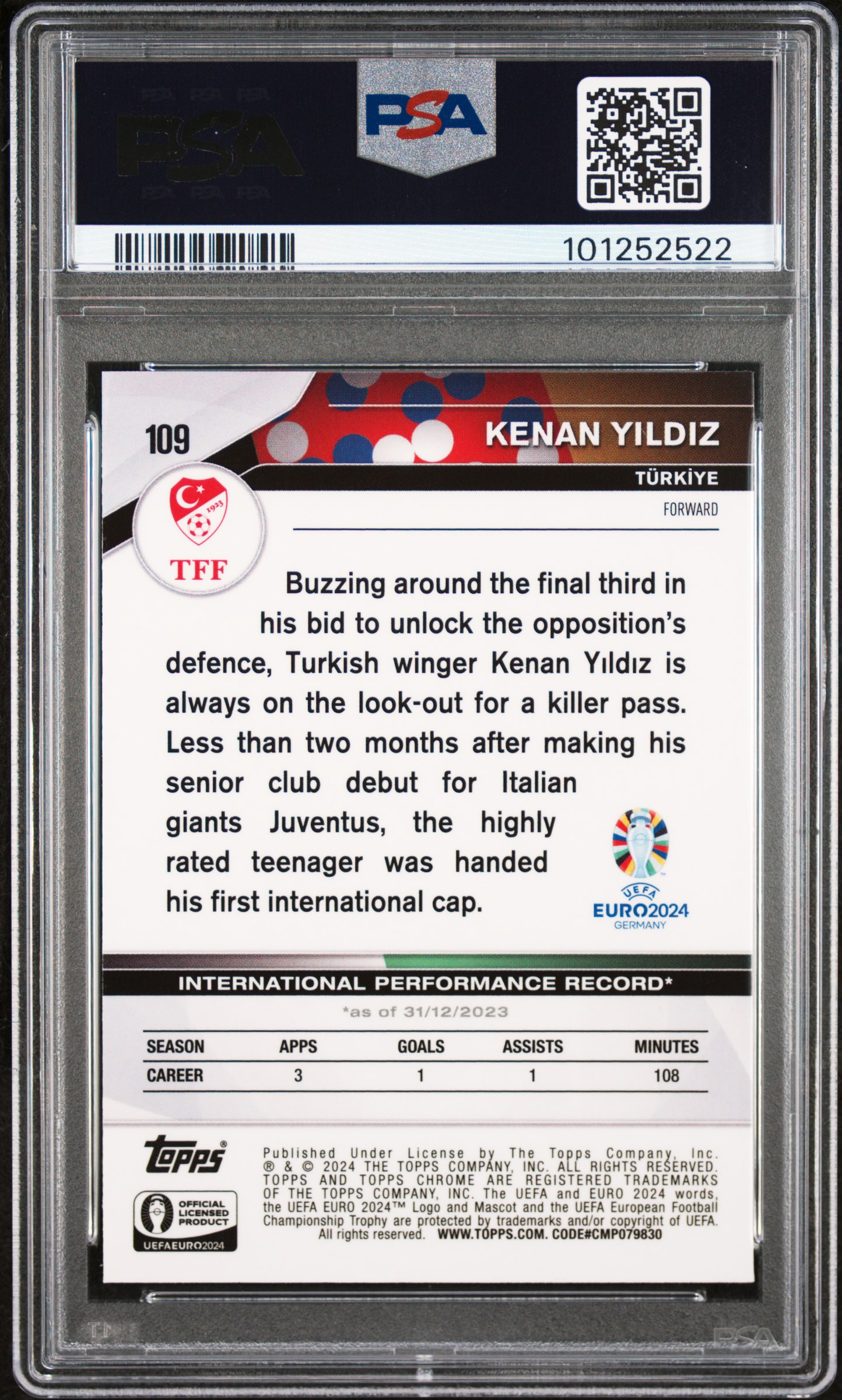 2024 Topps Chrome Uefa Euro Kenan Yildiz #109 (Aqua Wave) Gem Mt 10 back