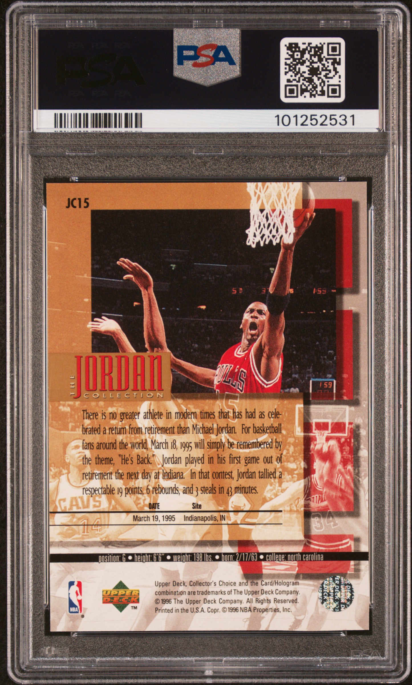 1995 Upper Deck Jordan Collection Michael Jordan #Jc15 (1995 He's Back) Mint 9 back