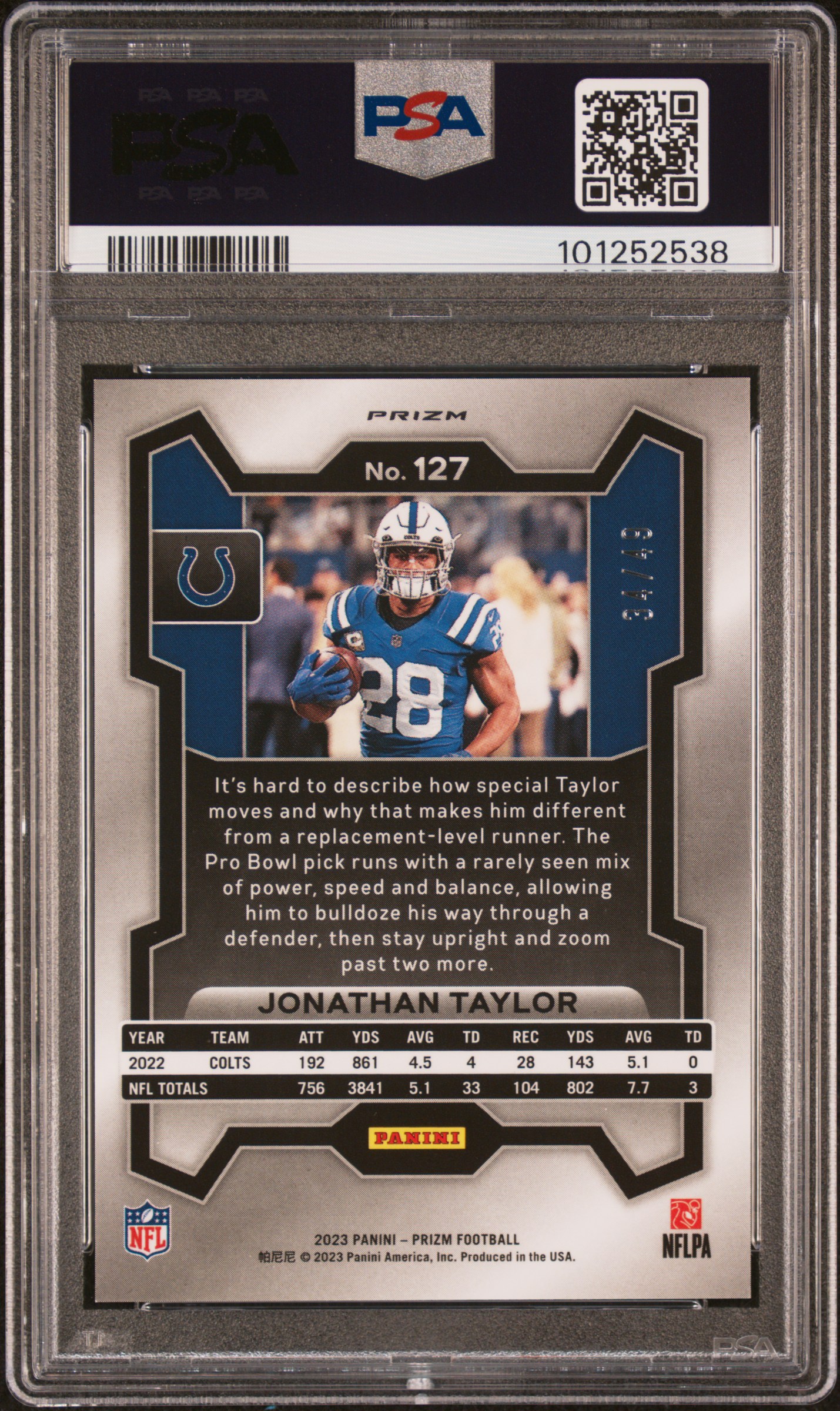 2023 Panini Prizm Jonathan Taylor #127 (Purple Power) Gem Mt 10 back