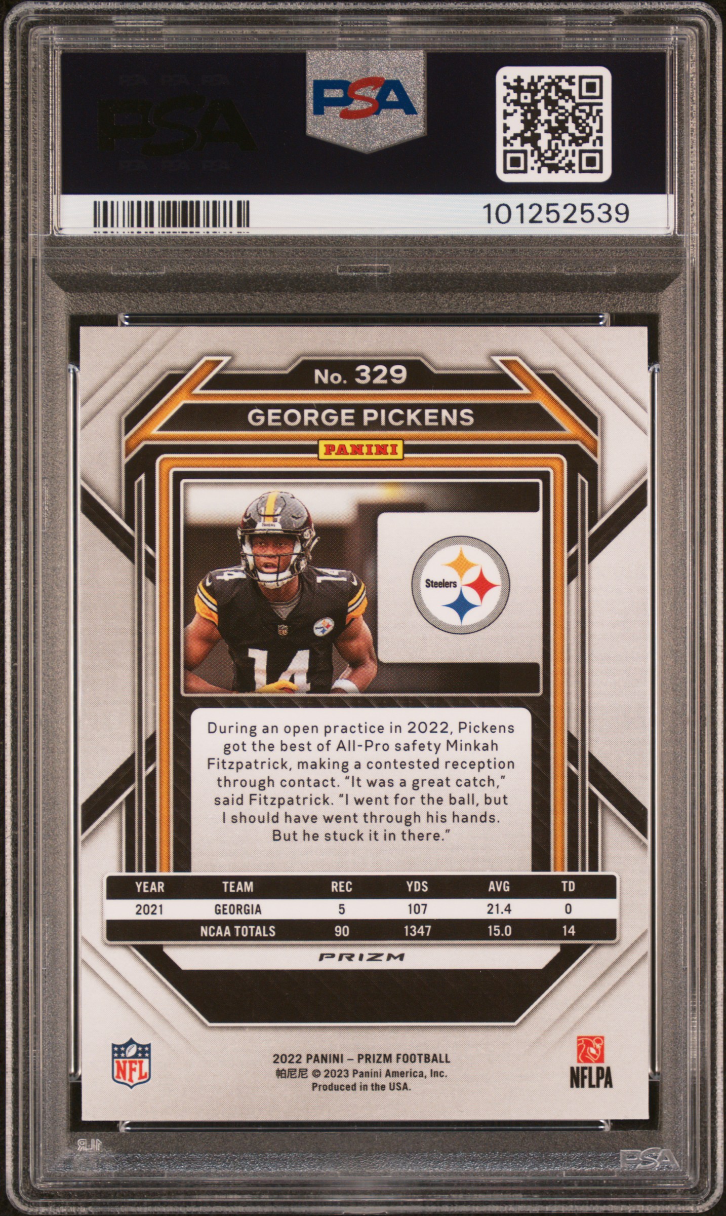 2022 Panini Prizm George Pickens #329 (Red/White/Blue) Gem Mt 10 back