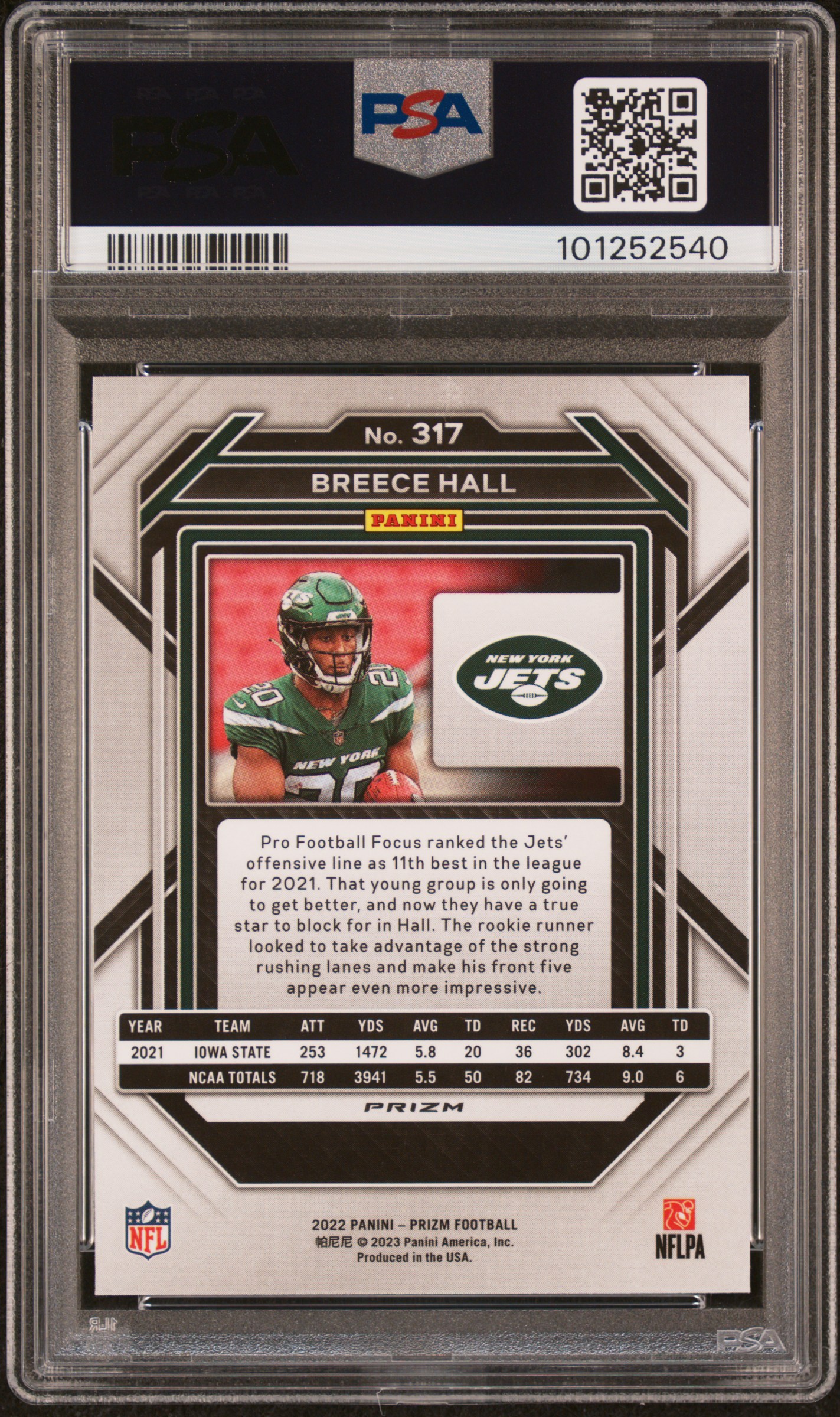 2022 Panini Prizm Breece Hall #317 (Red/White/Blue) Gem Mt 10 back