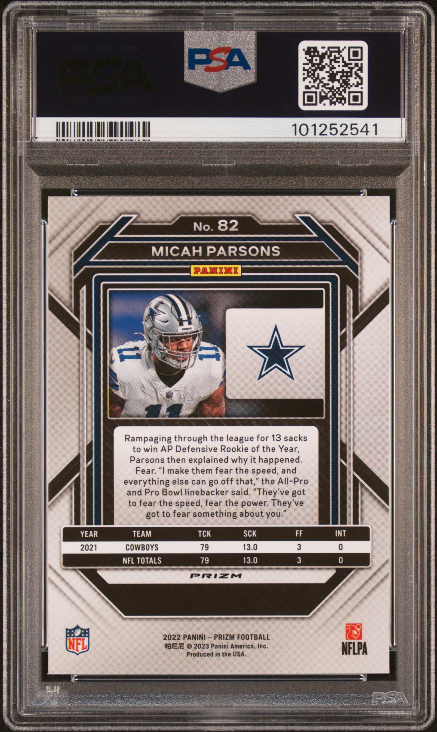 2022 Panini Prizm Micah Parsons #82 (Black & Red Checker) Gem Mt 10 back