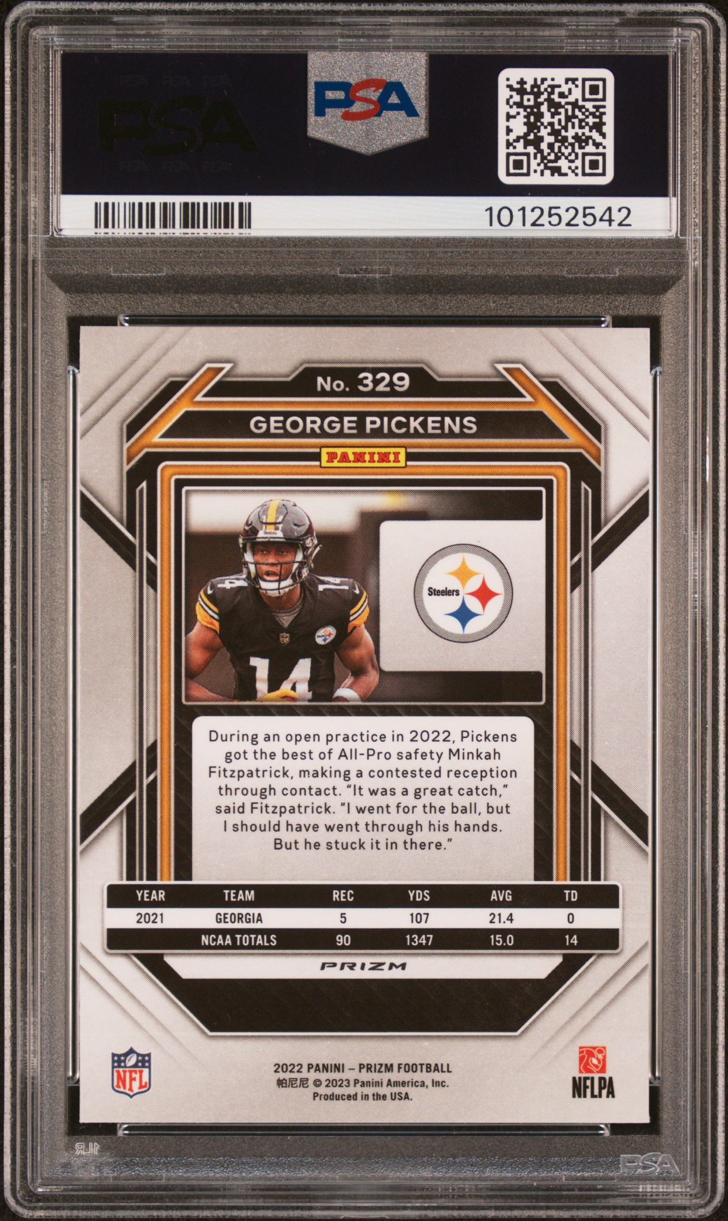 2022 Panini Prizm George Pickens #329 (Green Prizm) Gem Mt 10 back