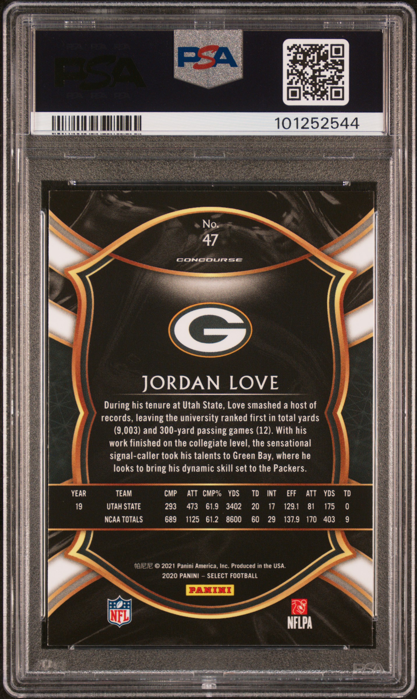 2020 Panini Select Jordan Love #47 Gem Mt 10 back
