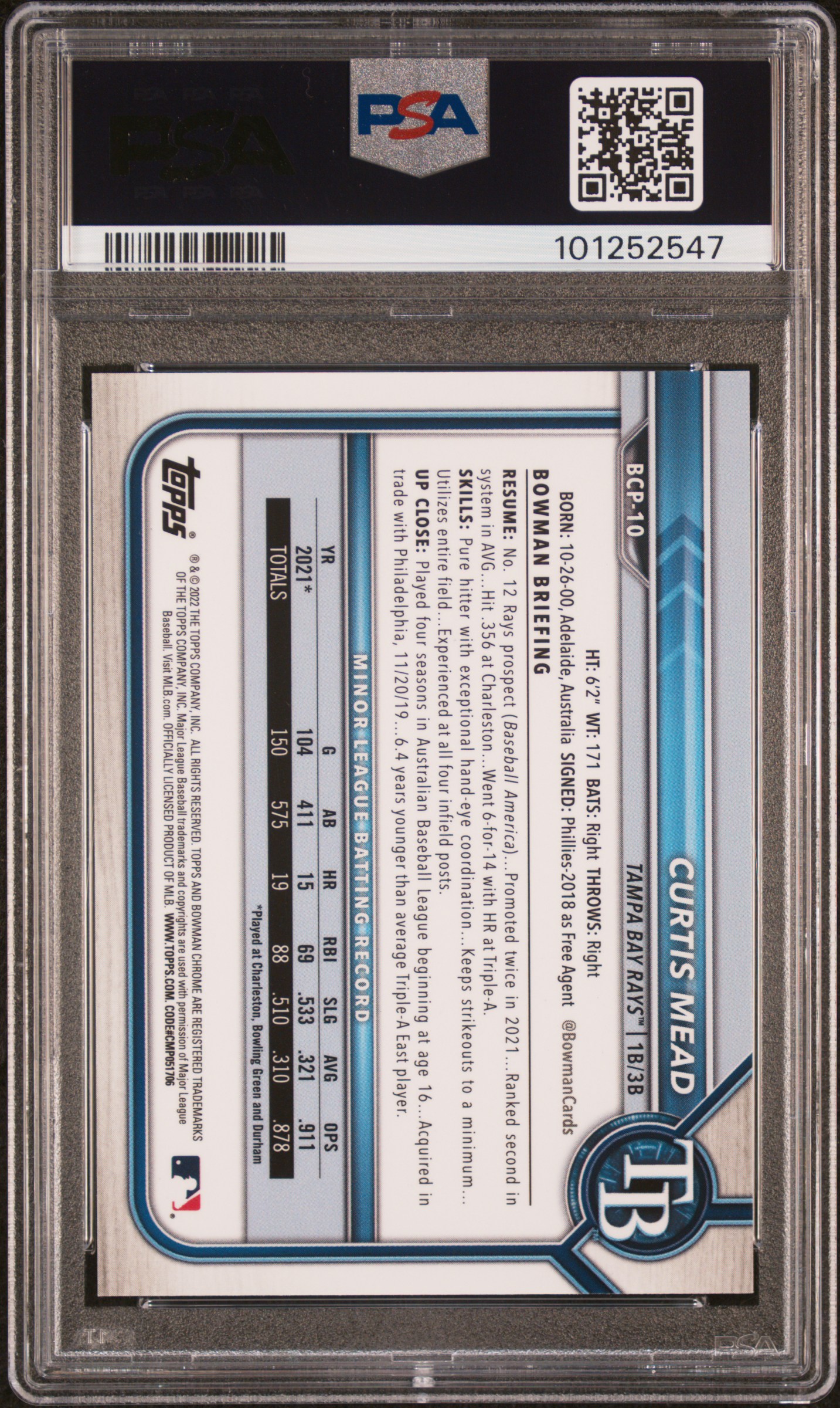 2022 Bowman Chrome Prospects Curtis Mead #Bcp10 (Chr.pros-Grn.shimmer Ref.) Gem Mt 10 back