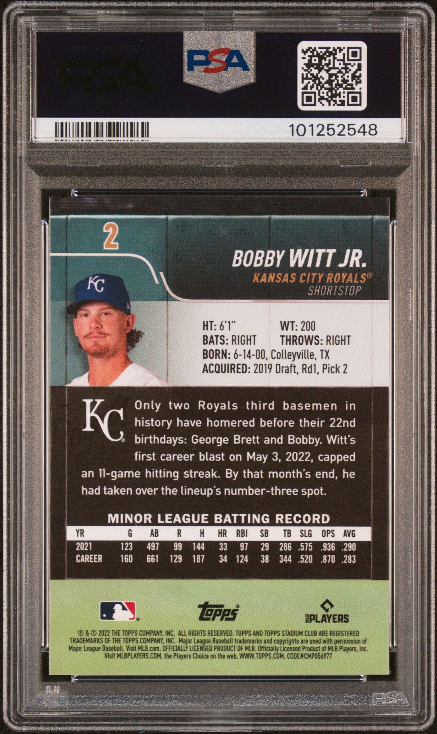 2022 Topps Stadium Club Chrome Bobby Witt Jr #2 Gem Mt 10 back