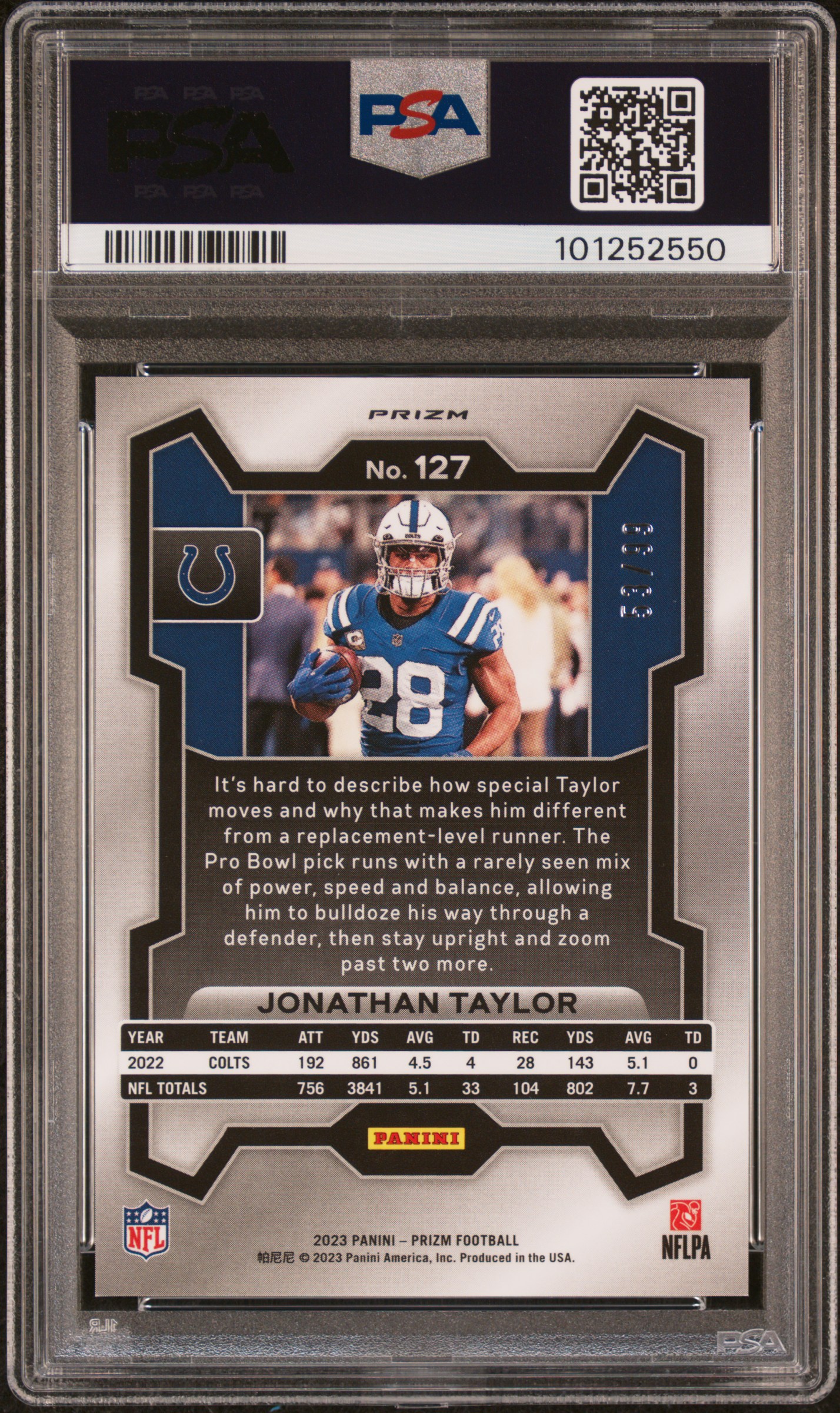 2023 Panini Prizm Jonathan Taylor #127 (Blue Ice) Gem Mt 10 back