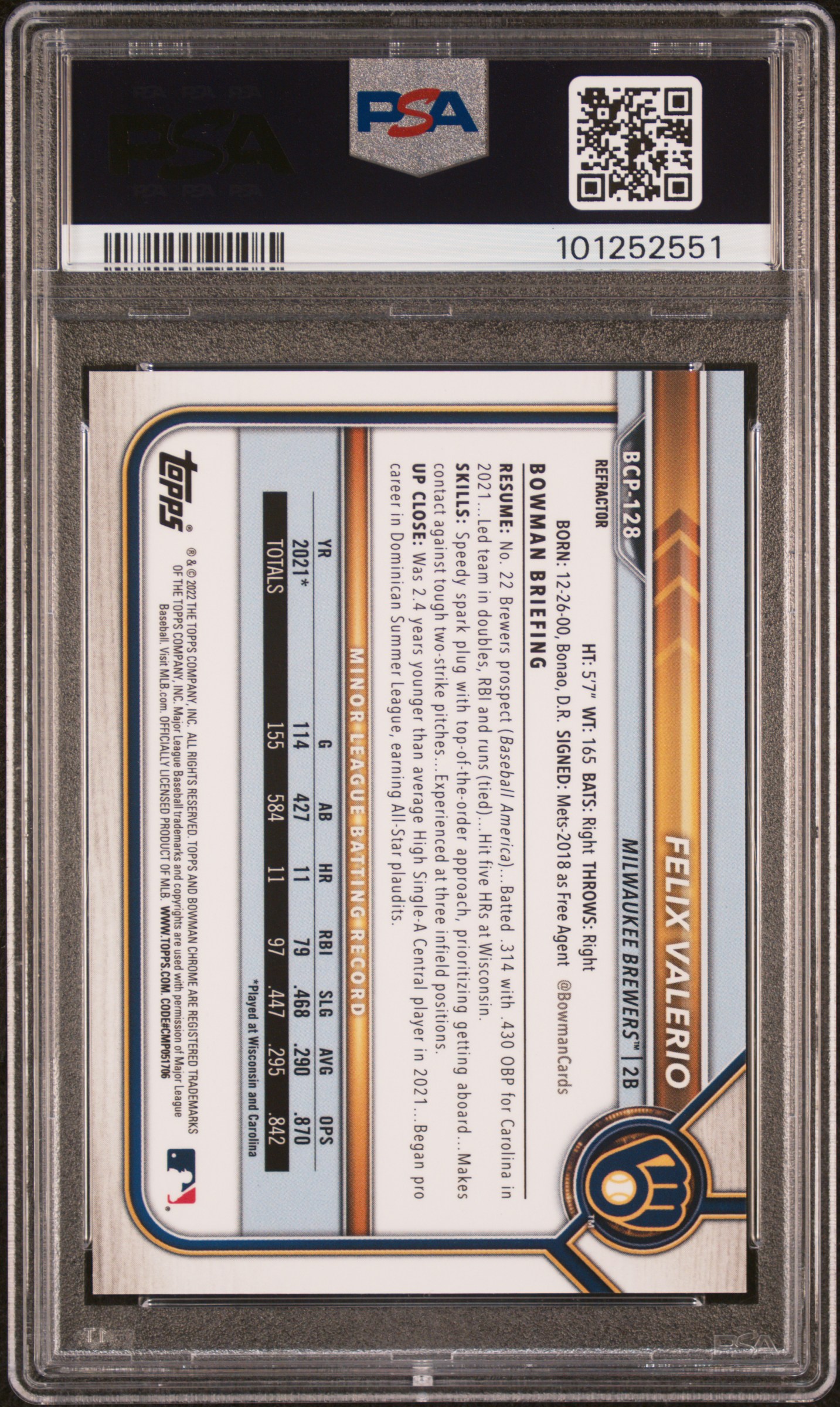 2022 Bowman Chrome Prospects Felix Valerio #Bcp128 (Chrome Pros-Refractor) Gem Mt 10 back