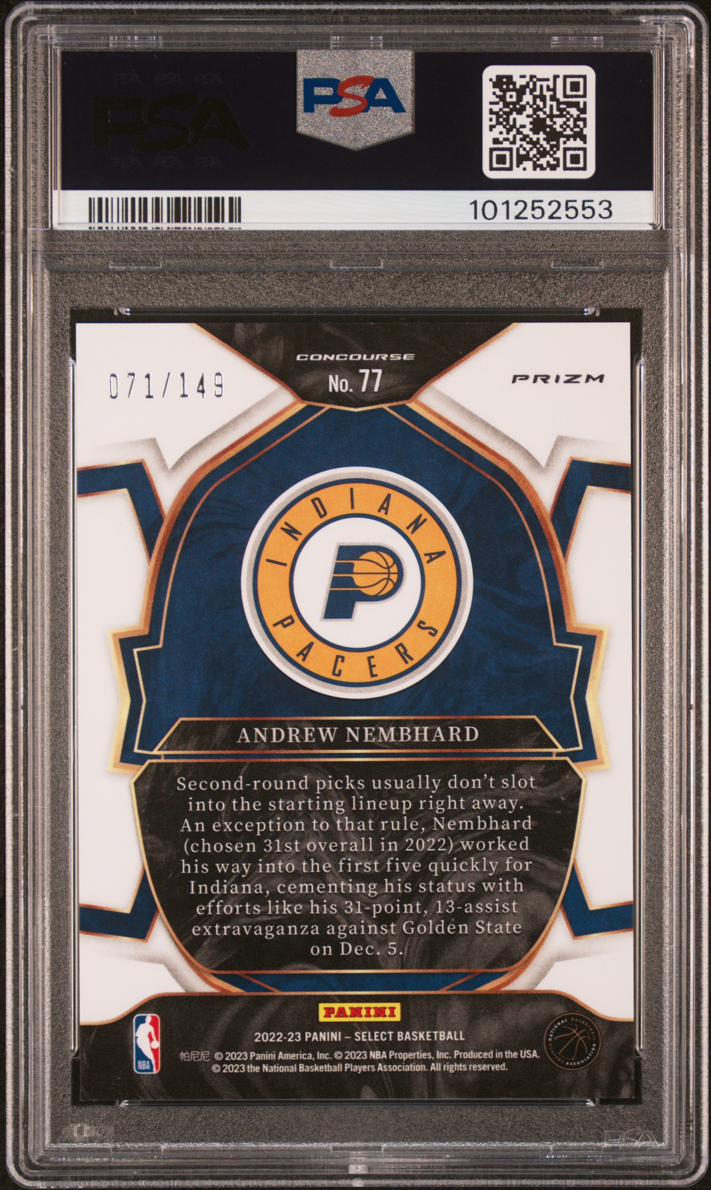 2022 Panini Select Andrew Nembhard #77 (White) Gem Mt 10 back