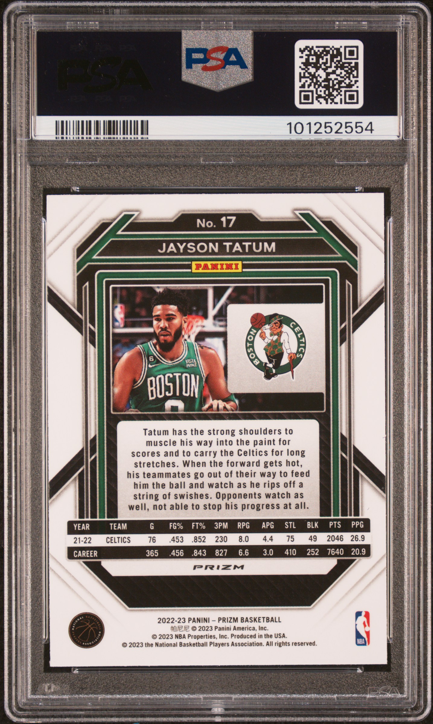 2022 Panini Prizm Jayson Tatum #17 (Red Sparkle) Gem Mt 10 back