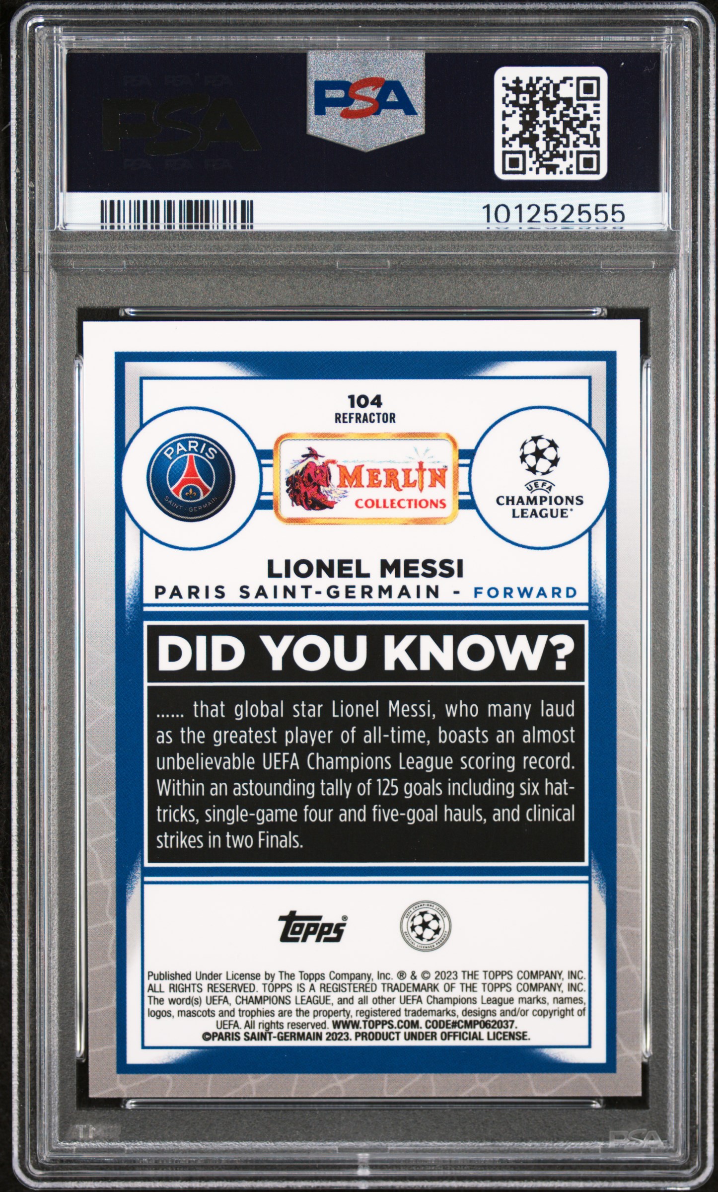 2022-23 Topps Merlin Chrome Uefa Club Competitions Lionel Messi #104 (Refractor) Gem Mt 10 back