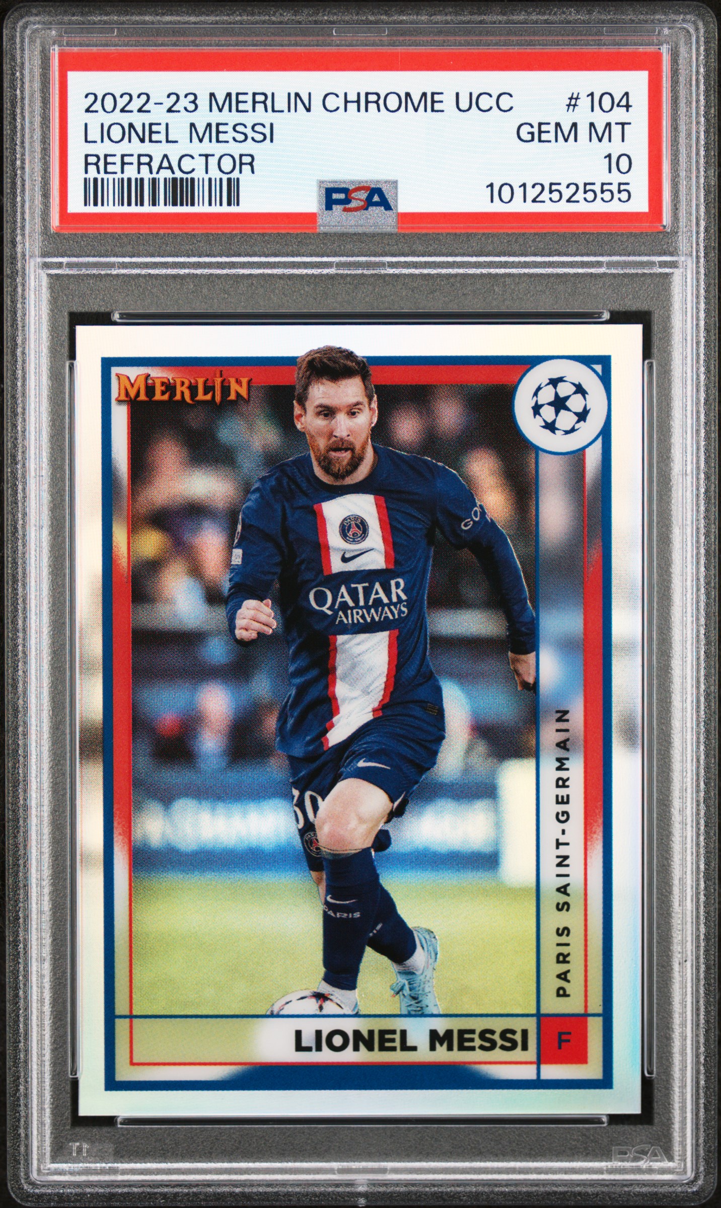 2022-23 Topps Merlin Chrome Uefa Club Competitions Lionel Messi #104 (Refractor) Gem Mt 10 front