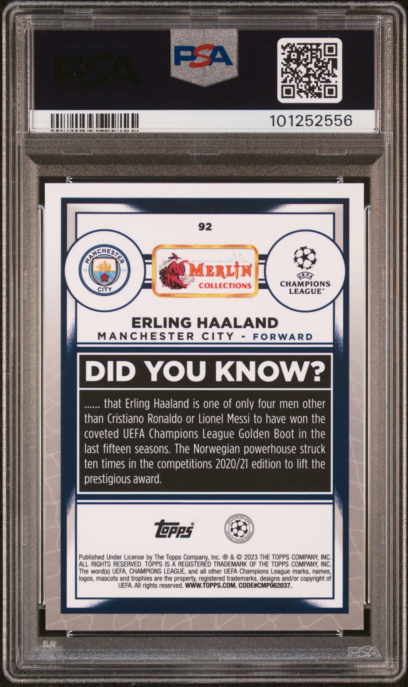 2022-23 Topps Merlin Chrome Uefa Club Competitions Erling Haaland #92 (Aqua Prism Refractor) Nm-Mt 8 back