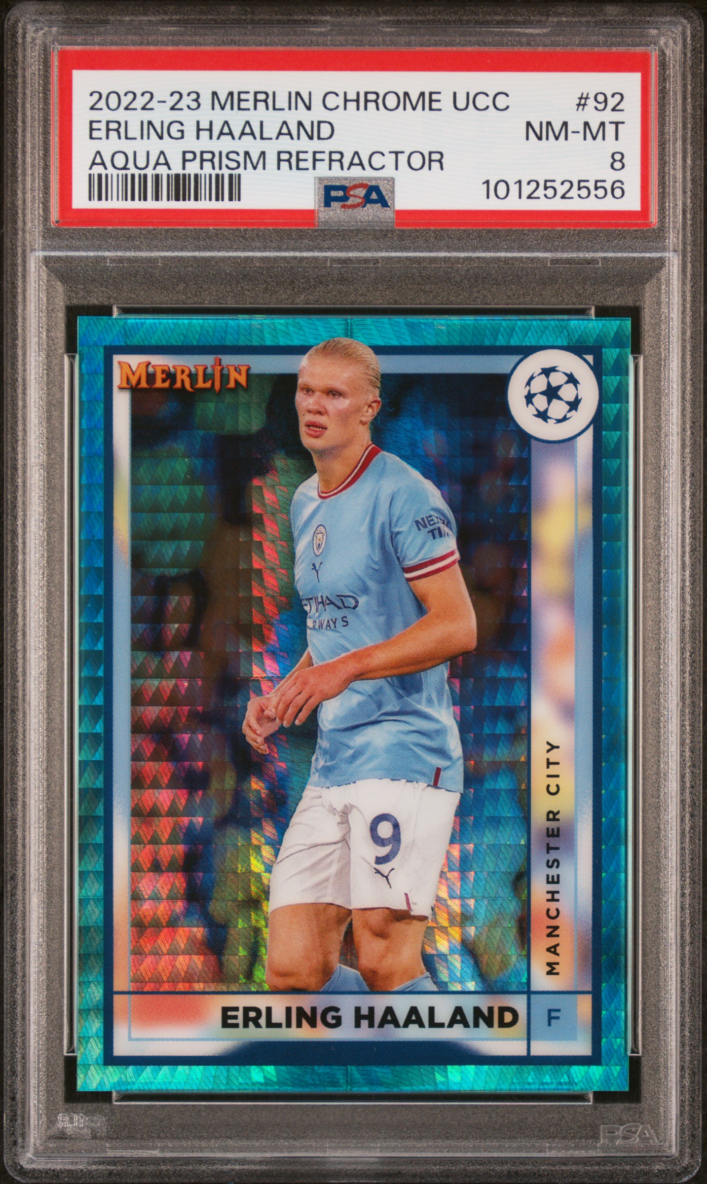 2022-23 Topps Merlin Chrome Uefa Club Competitions Erling Haaland #92 (Aqua Prism Refractor) Nm-Mt 8 front