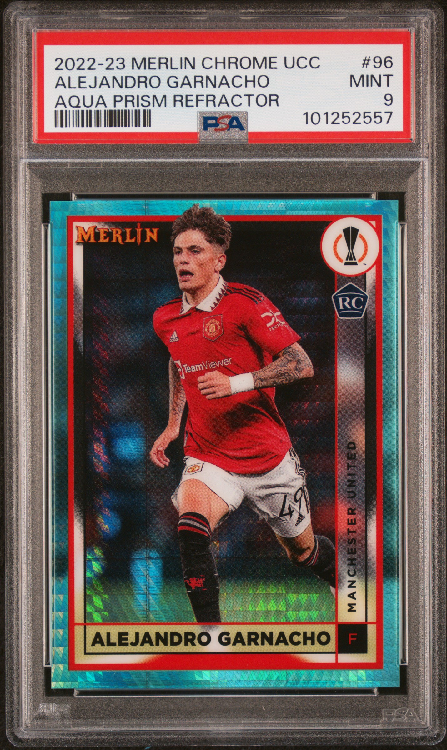 2022-23 Topps Merlin Chrome Uefa Club Competitions Alejandro Garnacho #96 (Aqua Prism Refractor) Mint 9 front