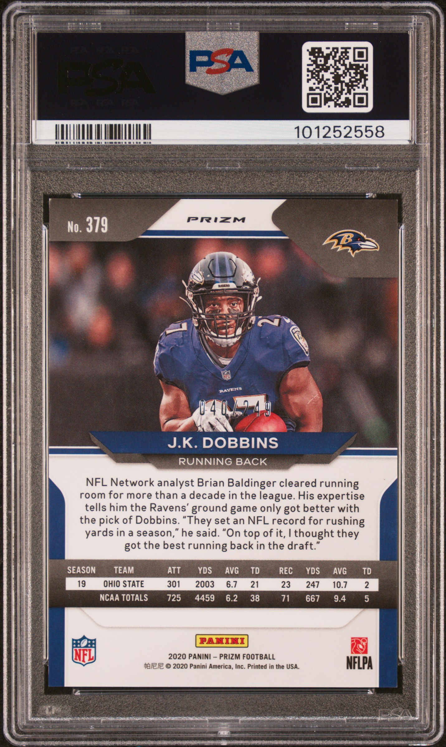 2020 Panini Prizm J.k. Dobbins #379 (Orange Prizm) Mint 9 back
