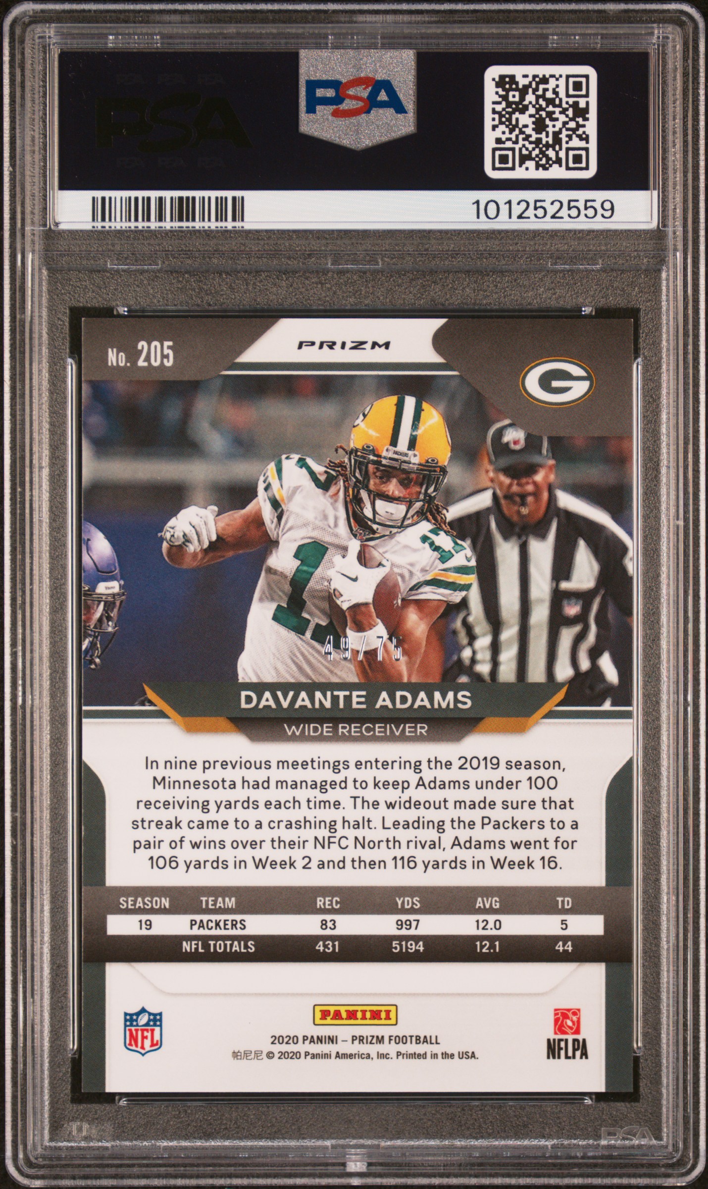 2020 Panini Prizm Davante Adams #205 (Green Scope) Gem Mt 10 back