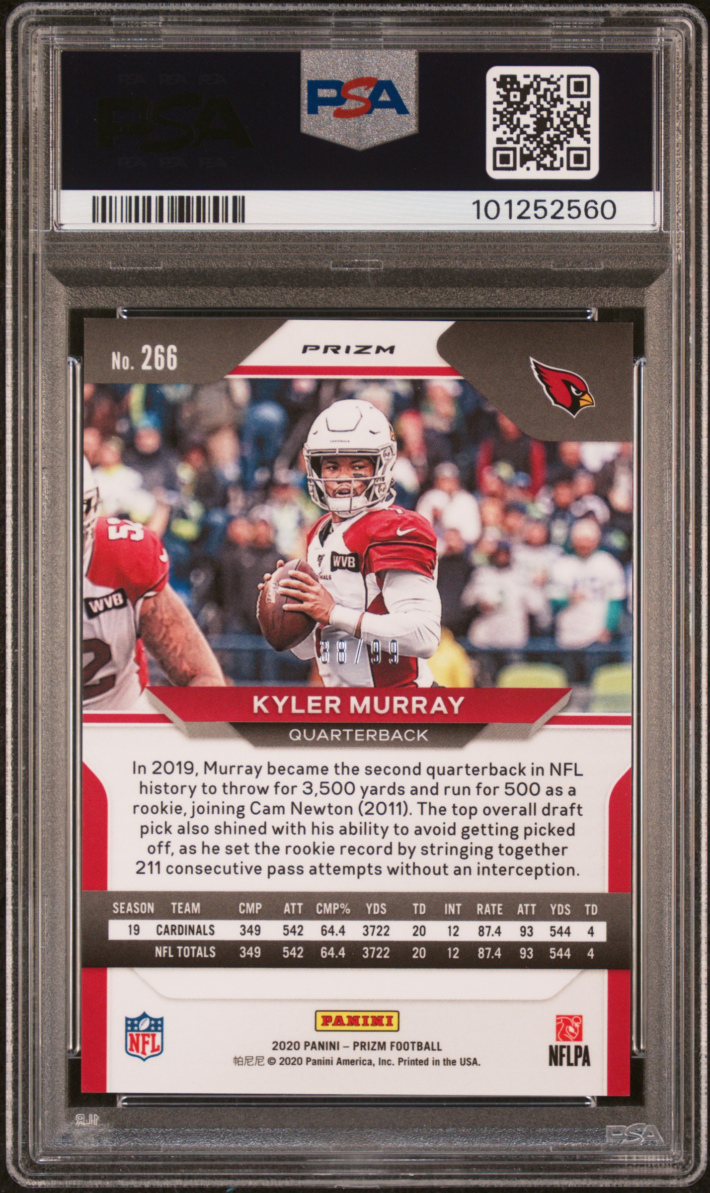 2020 Panini Prizm Kyler Murray #266 (Blue Ice) Gem Mt 10 back