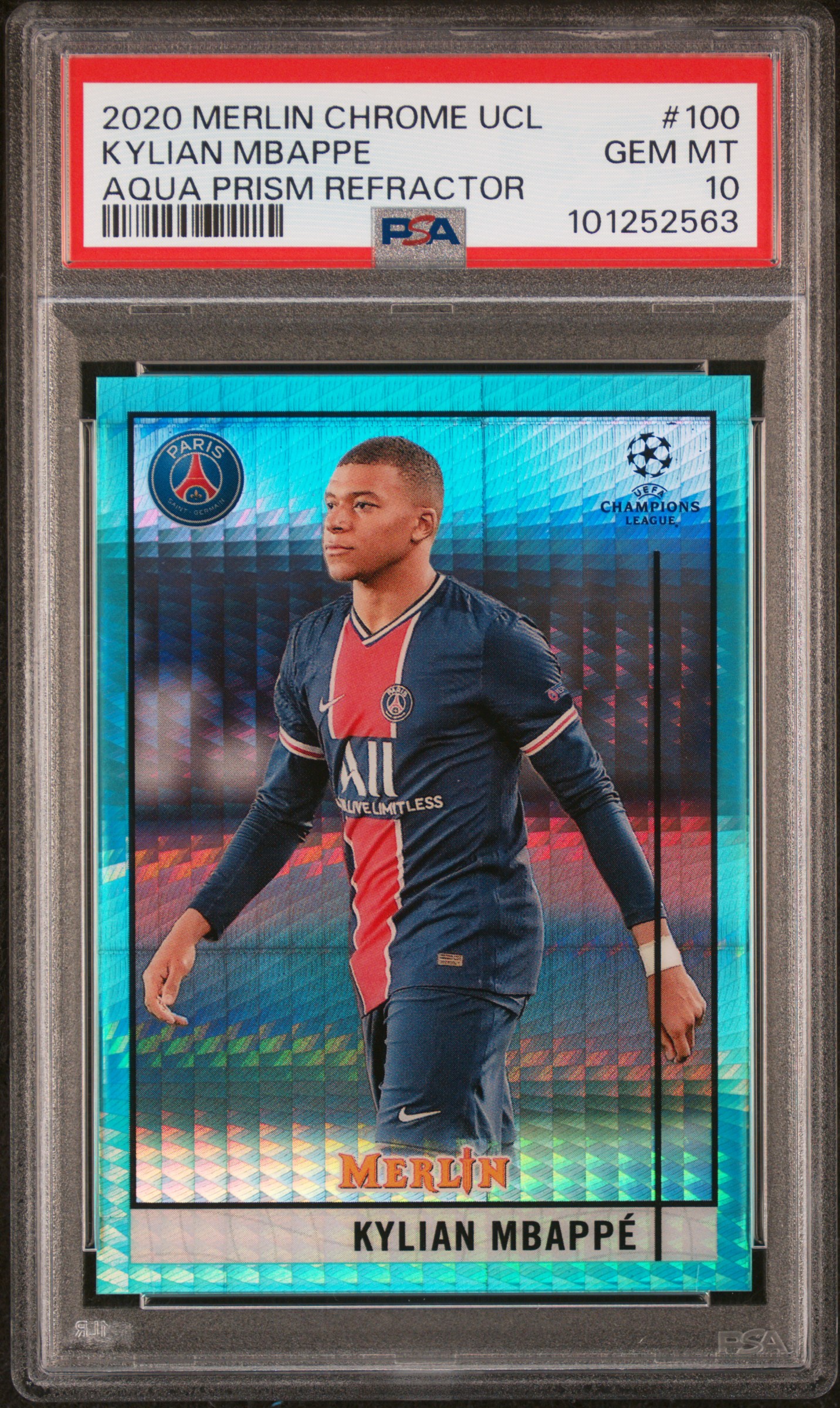 2020 Topps Merlin Chrome Uefa Champions League Kylian Mbappe #100 (Aqua Prism Refractor) Gem Mt 10 front