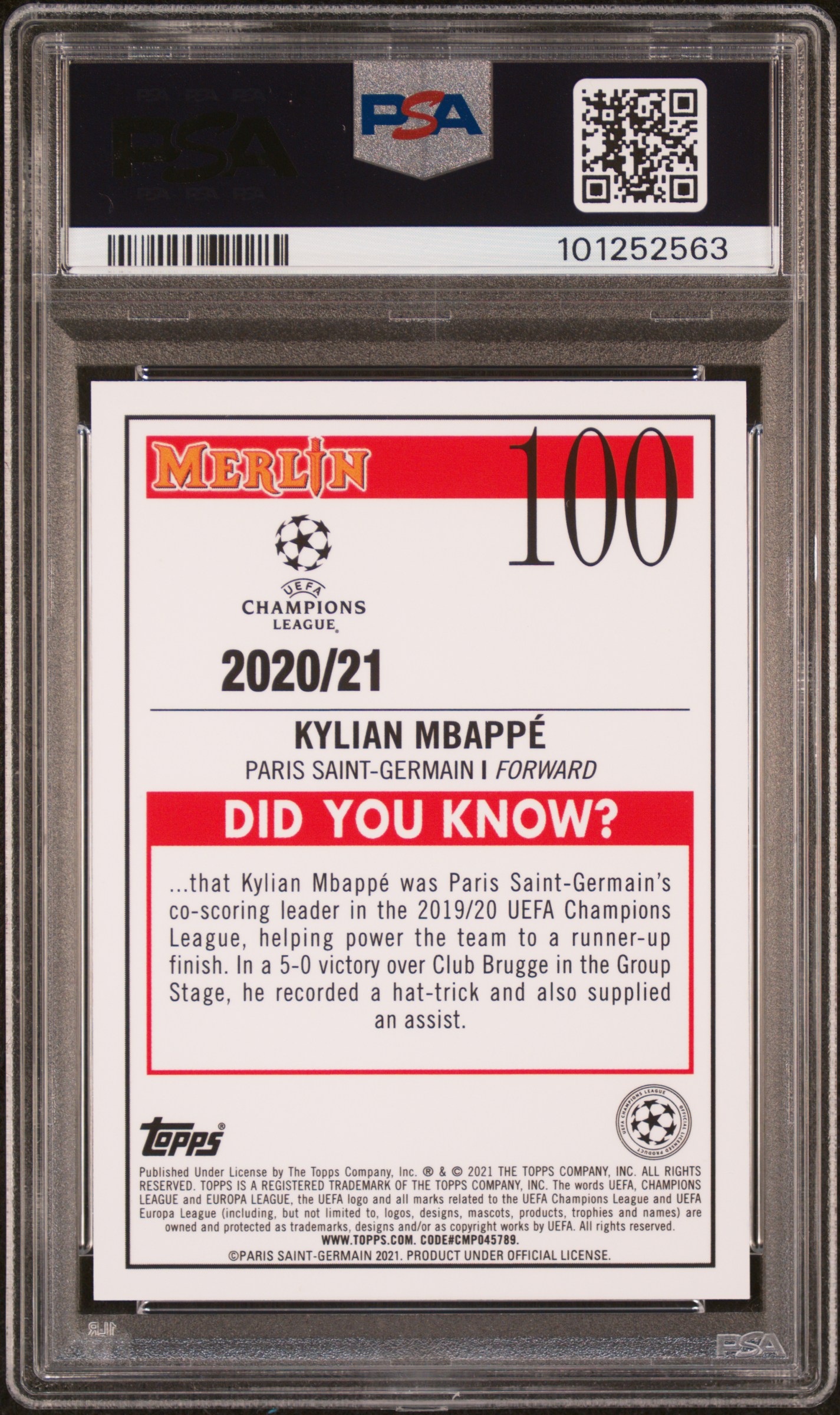 2020 Topps Merlin Chrome Uefa Champions League Kylian Mbappe #100 (Aqua Prism Refractor) Gem Mt 10 back