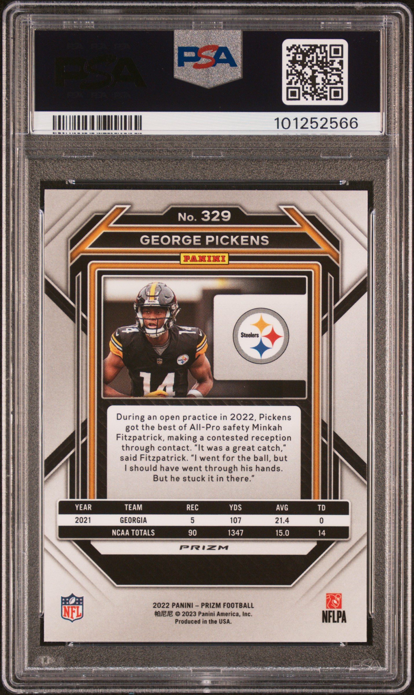 2022 Panini Prizm George Pickens #329 (Green Prizm) Gem Mt 10 back