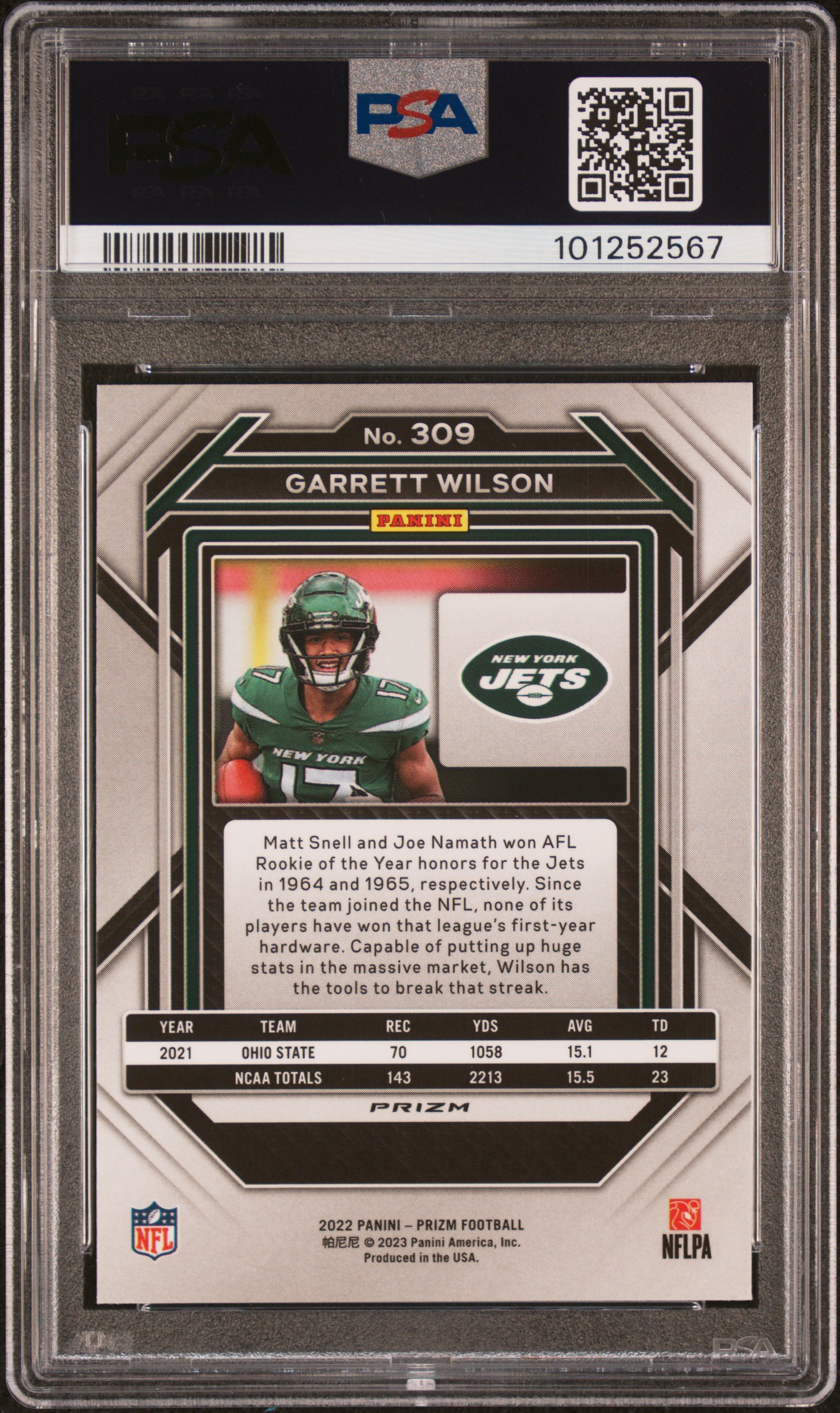 2022 Panini Prizm Garrett Wilson #309 (Red/White/Blue) Mint 9 back