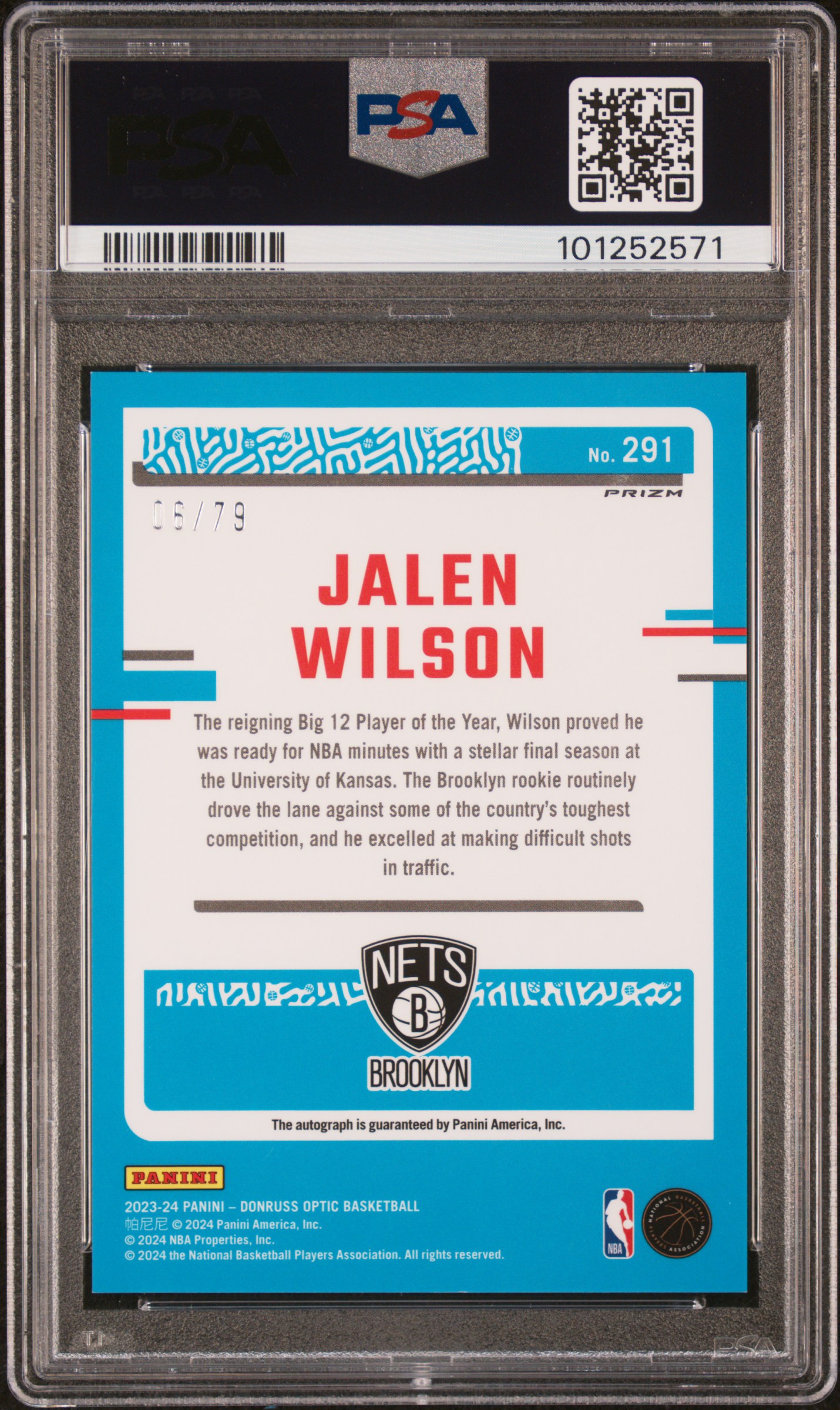 2023 Panini Donruss Optic Jalen Wilson #291 (Signature-Pink Velocity) Gem Mt 10 back