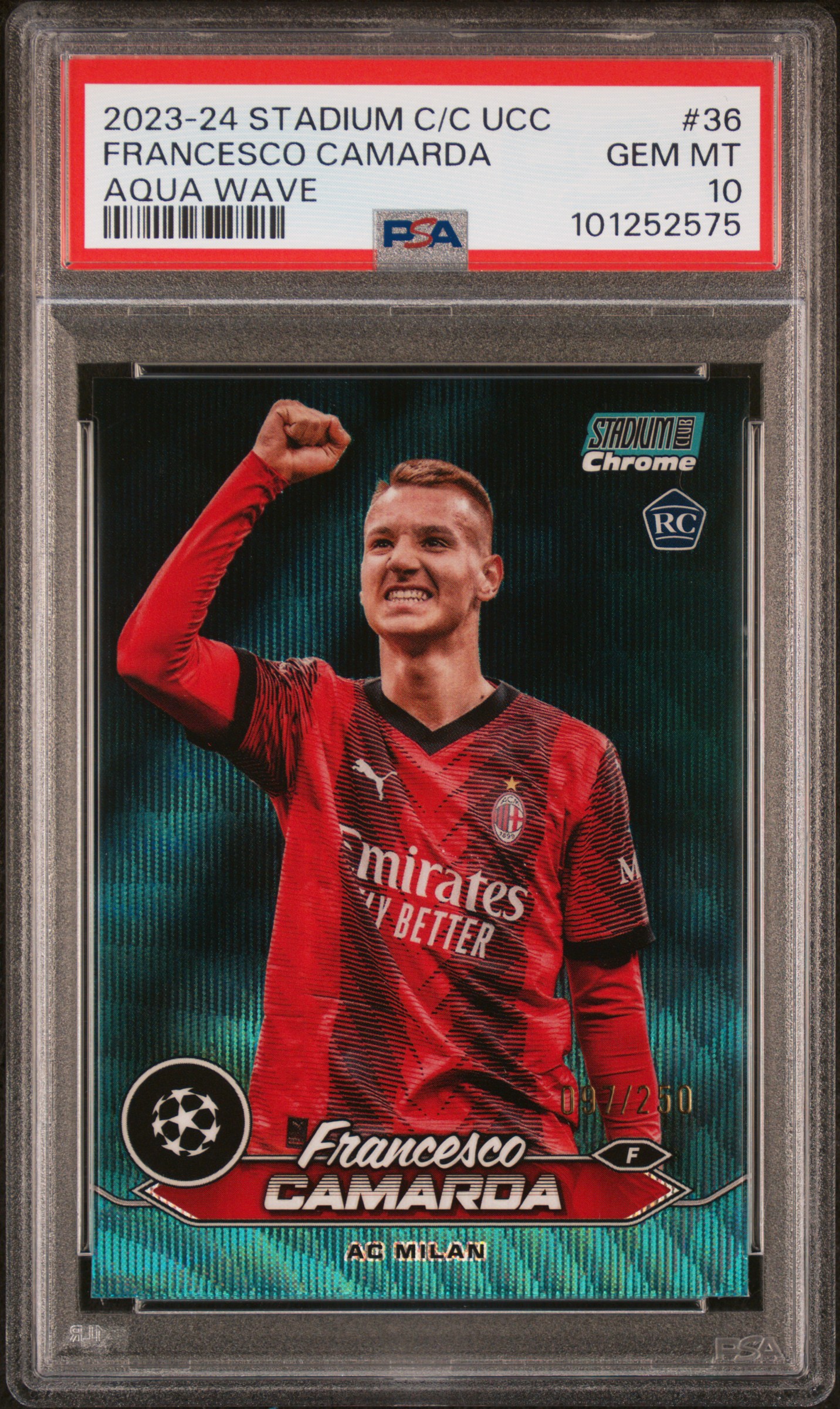 2023-24 Topps Stadium Club Chrome Uefa Club Competitions Francesco Camarda #36 (Aqua Wave) Gem Mt 10 front