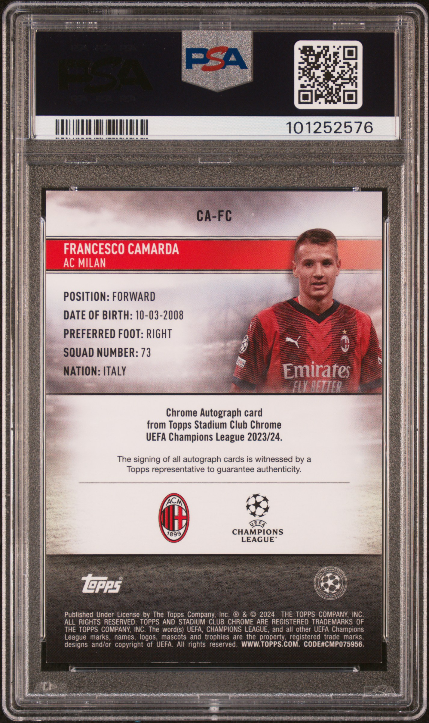 2023-24 Topps Stadium Club Chrome Uefa Club Competitions Chrome Autographs Francesco Camarda #Cafc Mint 9 back