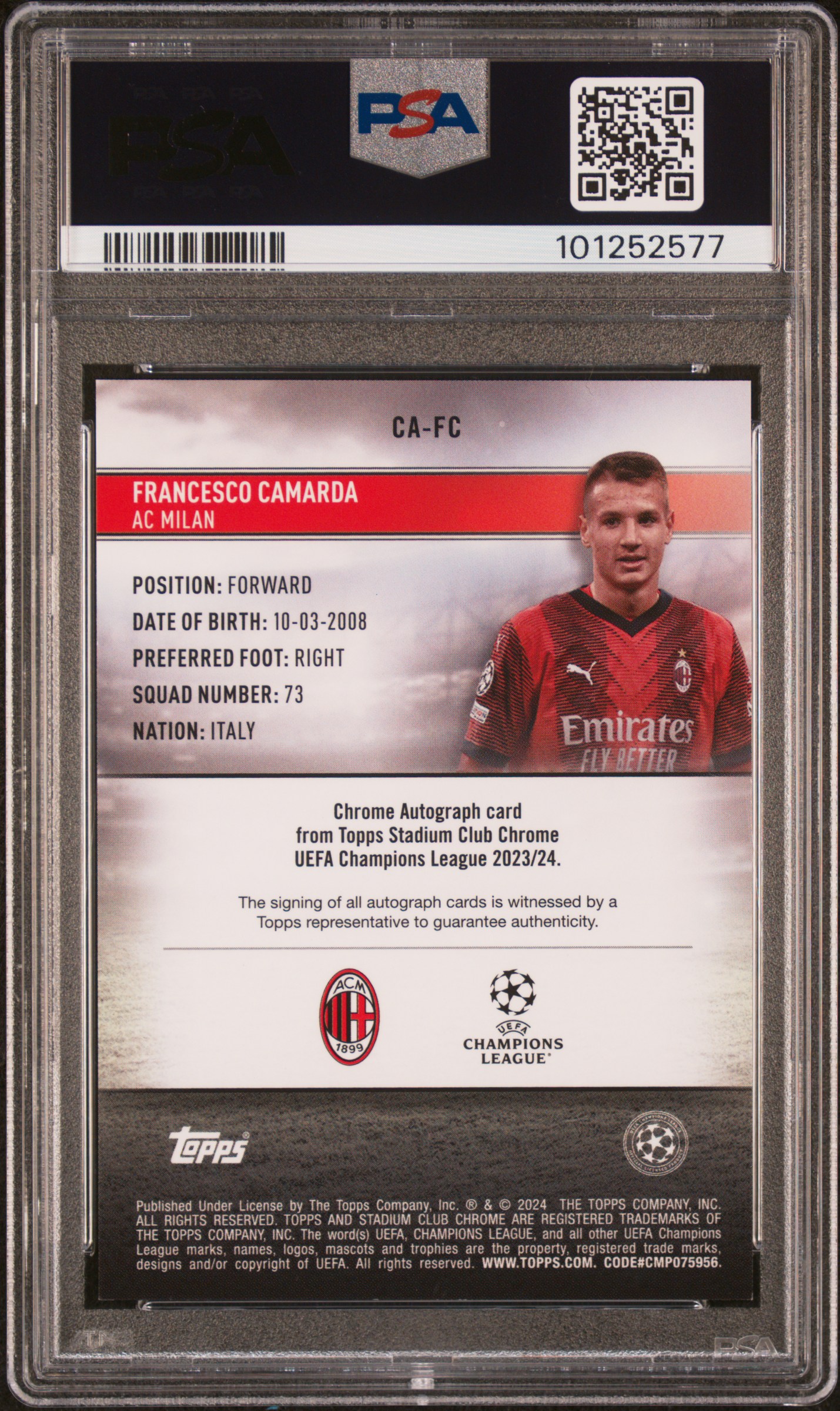 2023-24 Topps Stadium Club Chrome Uefa Club Competitions Chrome Autographs Francesco Camarda #Cafc Mint 9 back