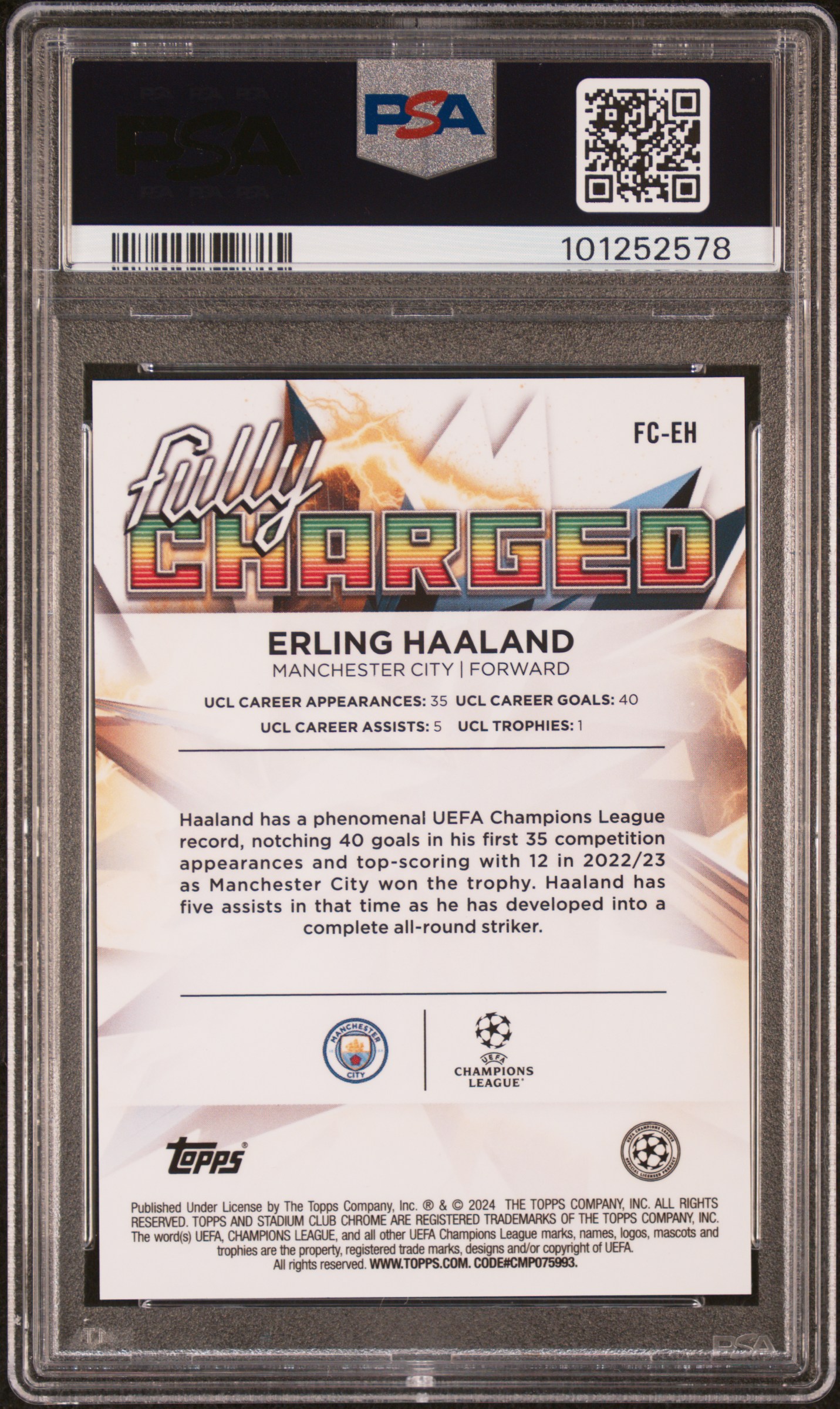 2023-24 Topps Stadium Club Chrome Uefa Club Competitions Fully Charged Erling Haaland #Fceh (Fully Charged-Gold Ref) Gem Mt 10 back